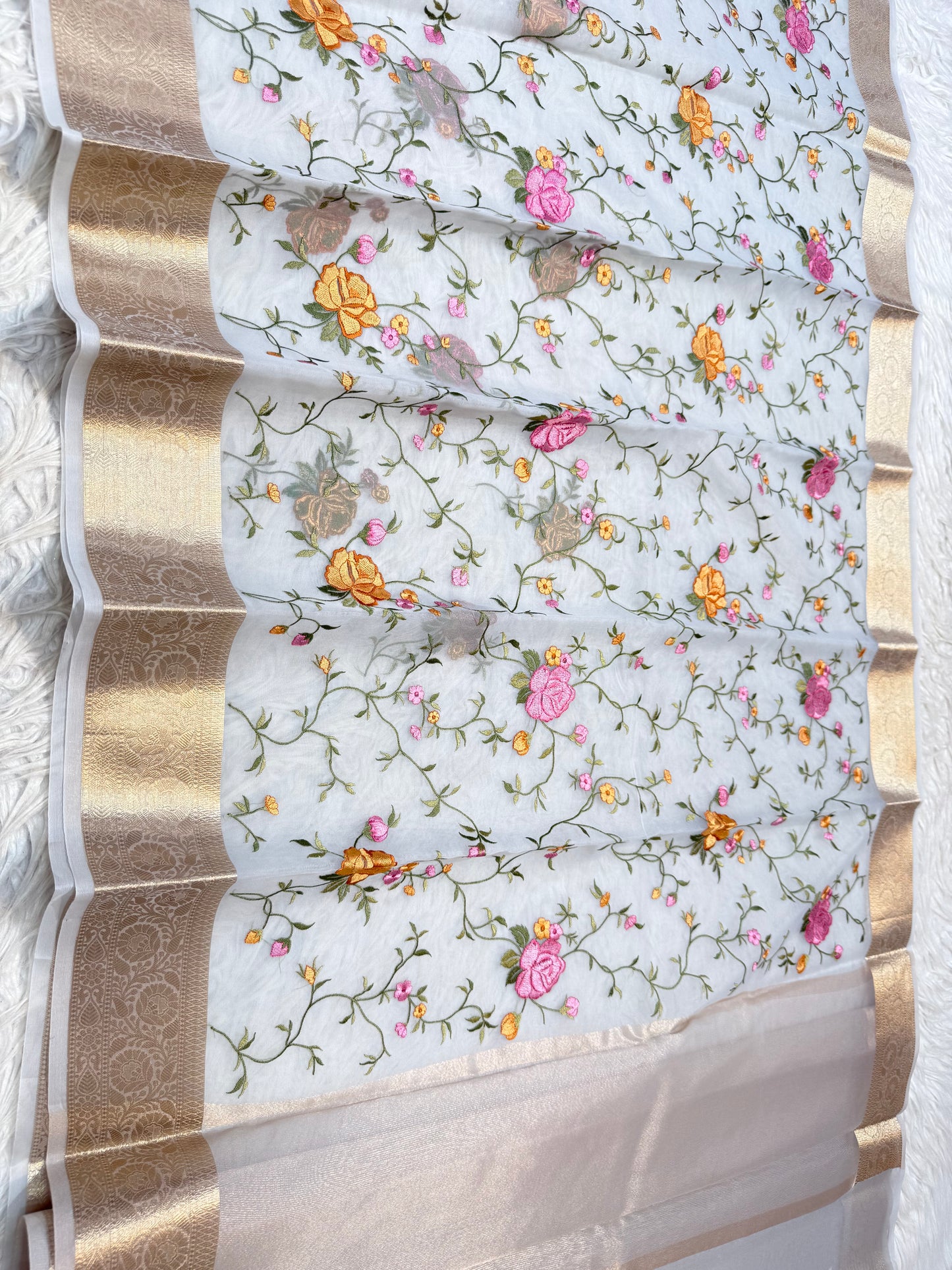 Grey shade shade organza embroidery Banarasi saree