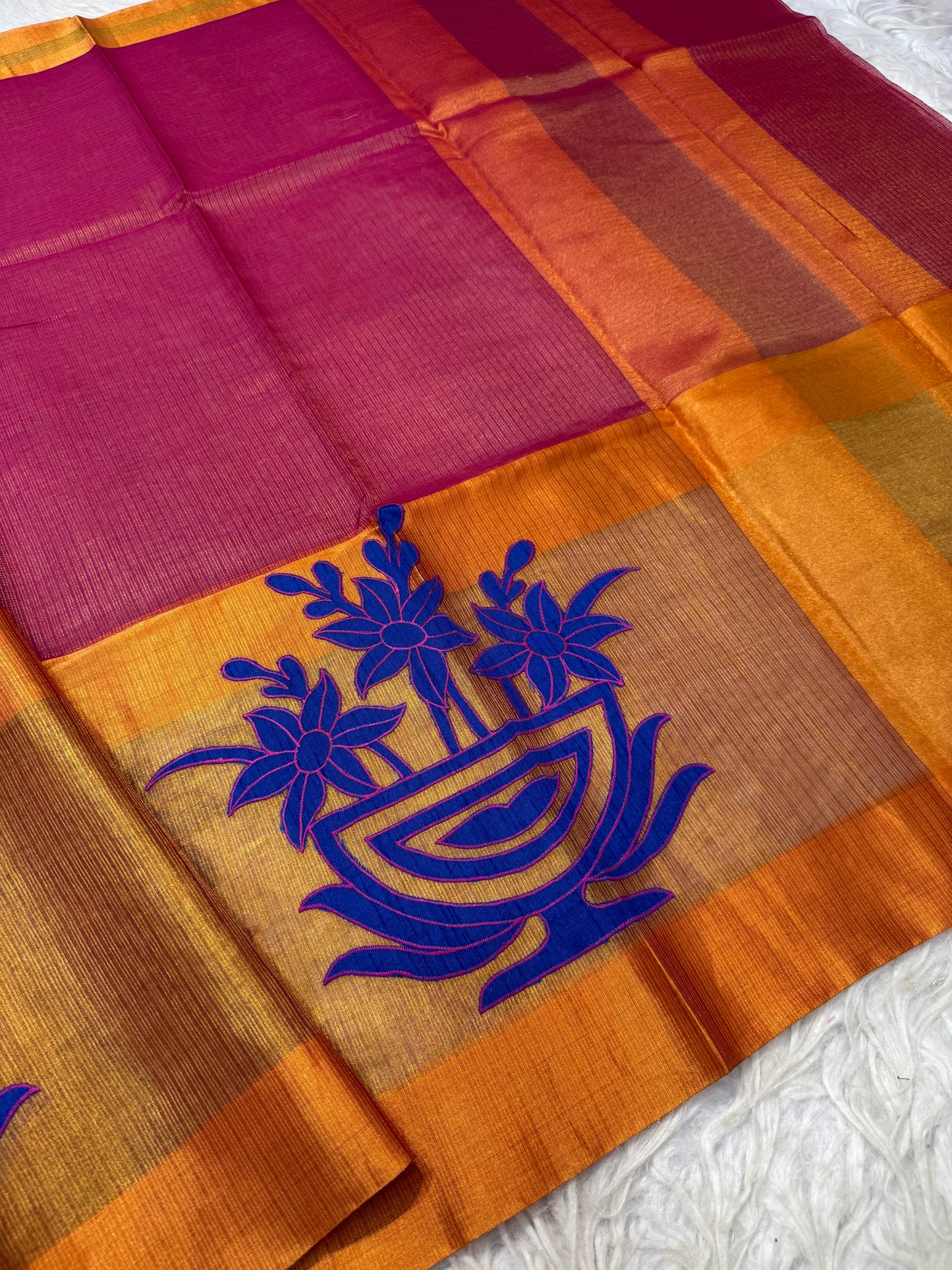Royal pink bronze shade tissue appliqué work primum Banarasi saree
