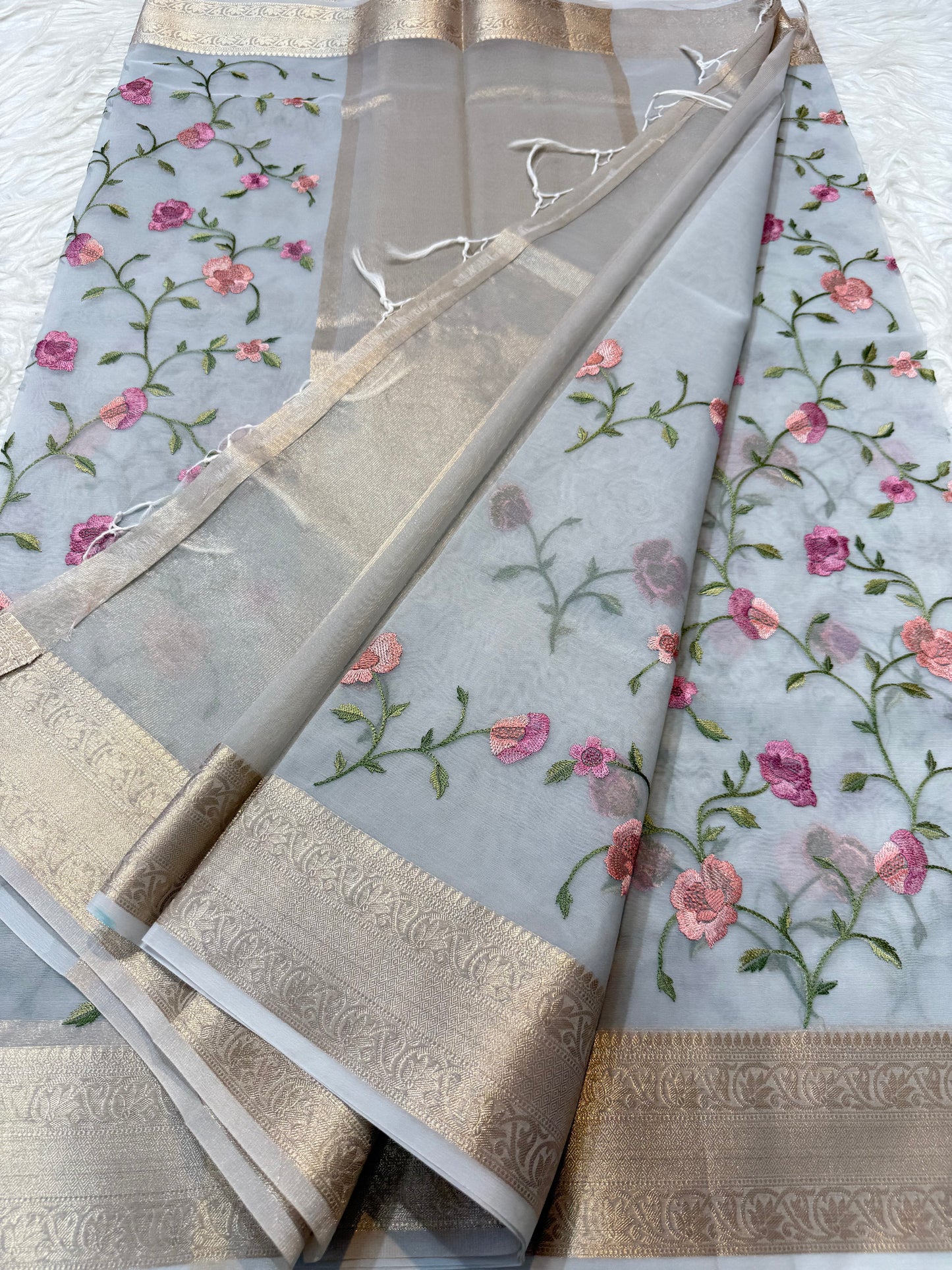 Grey organza embroidery Banarasi saree
