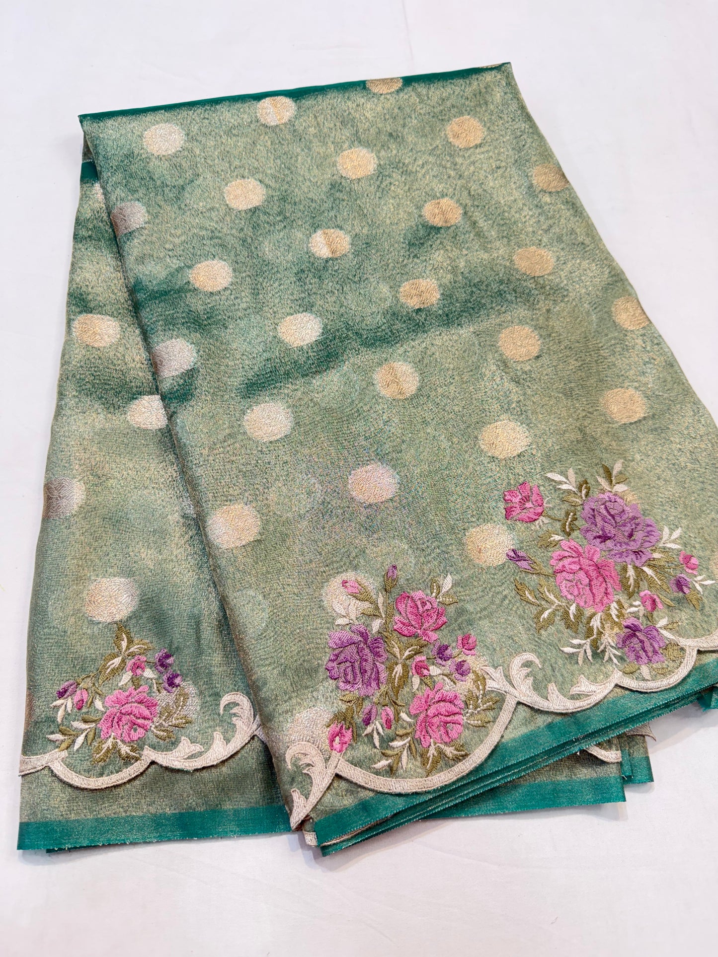 Sea green tissue cutwork embroidery premium designer Banarasi saree