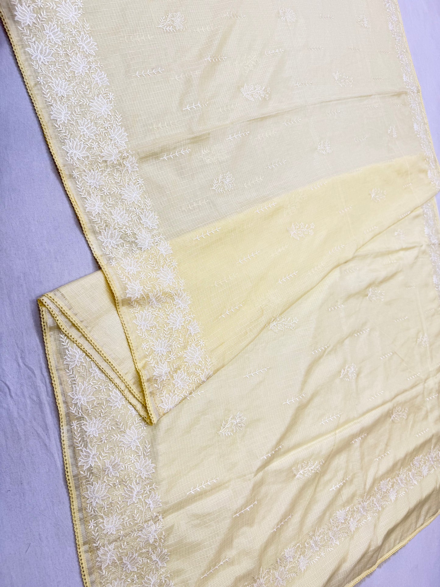 Safety yellow shade cotton kota chickenkari embroidery Banarasi saree