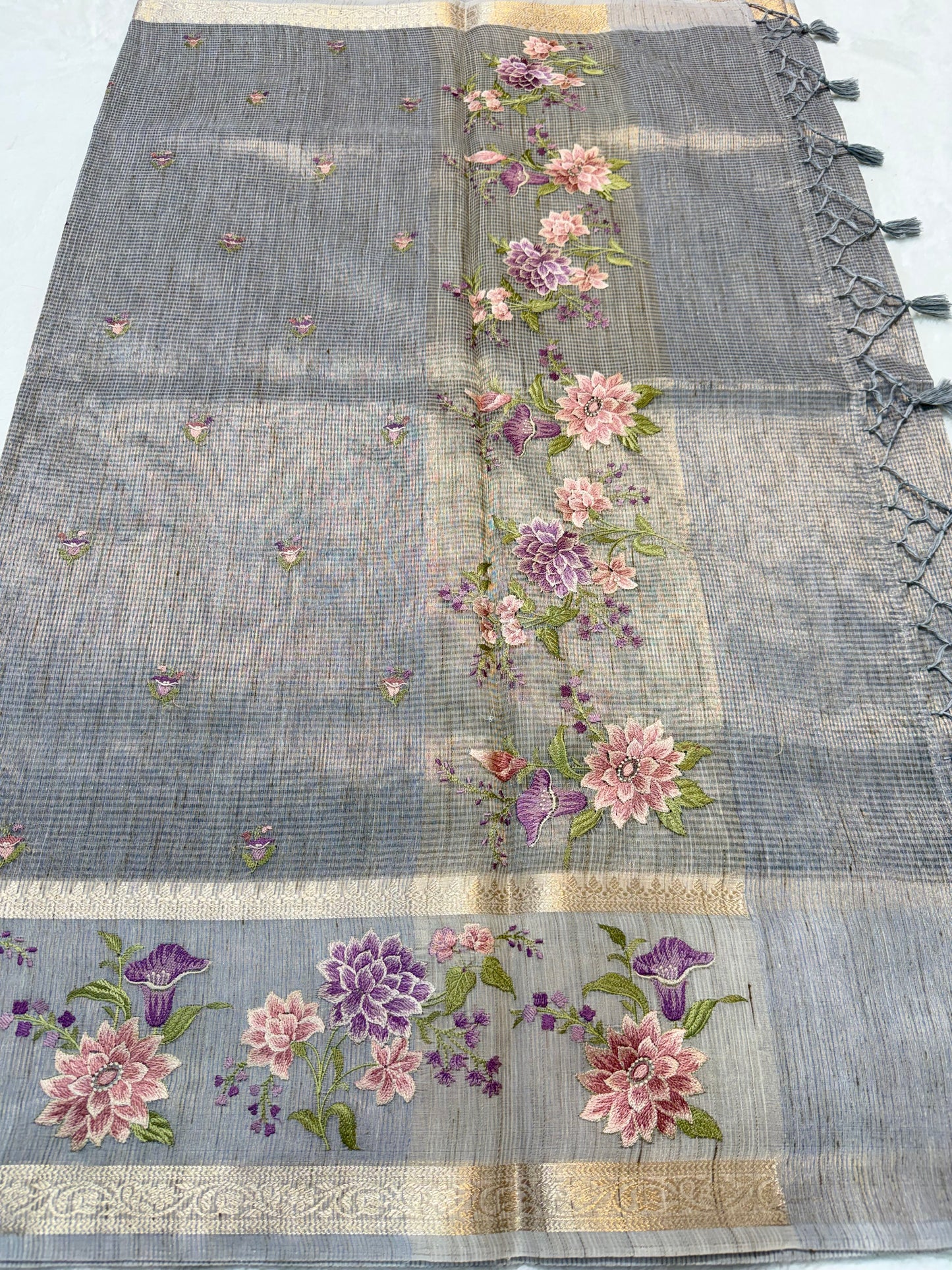 Light slate blue shade tissue linen designer embroidery premium Banarasi saree