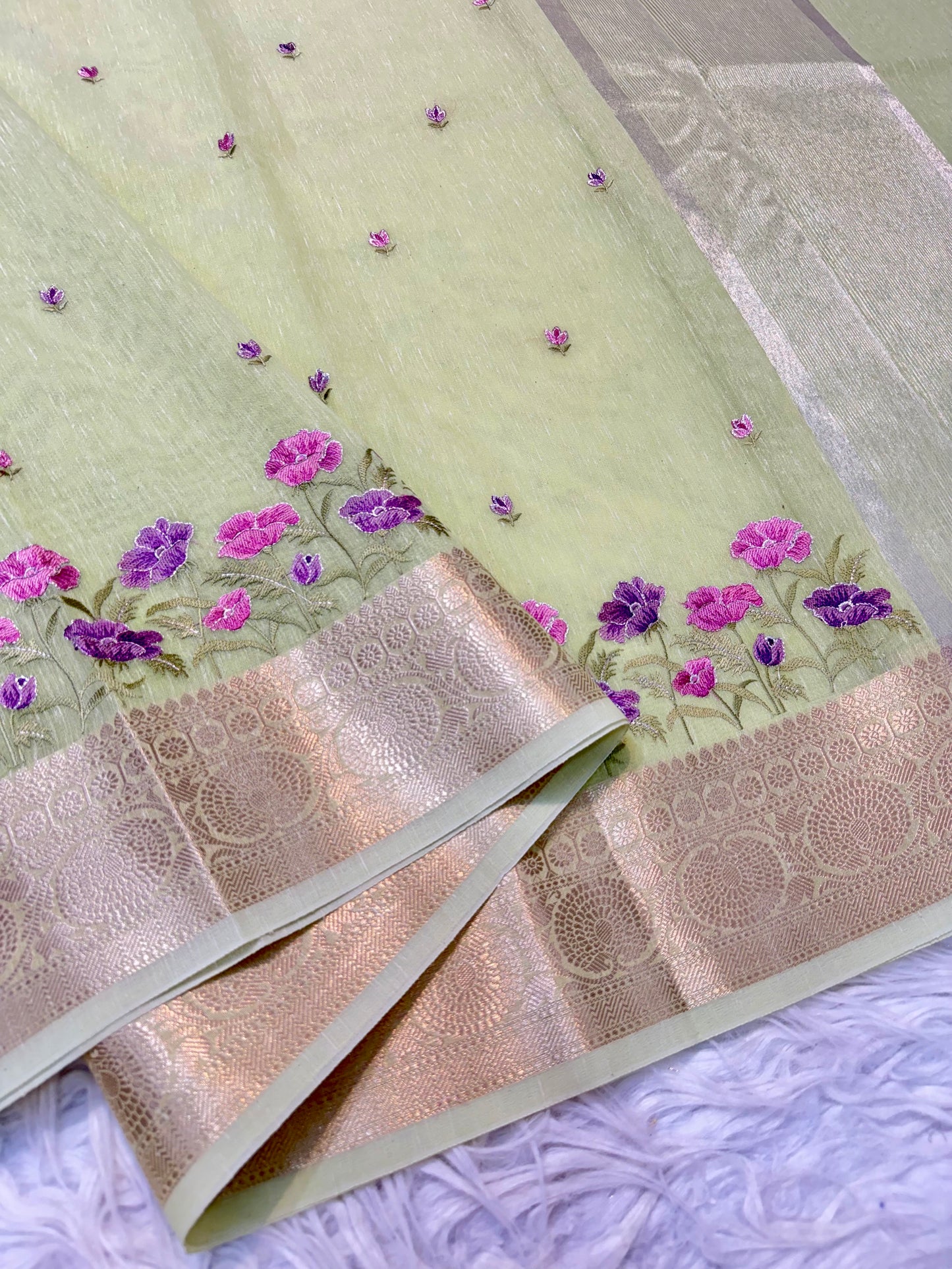 Pista green shade linen embroidery Banarasi saree
