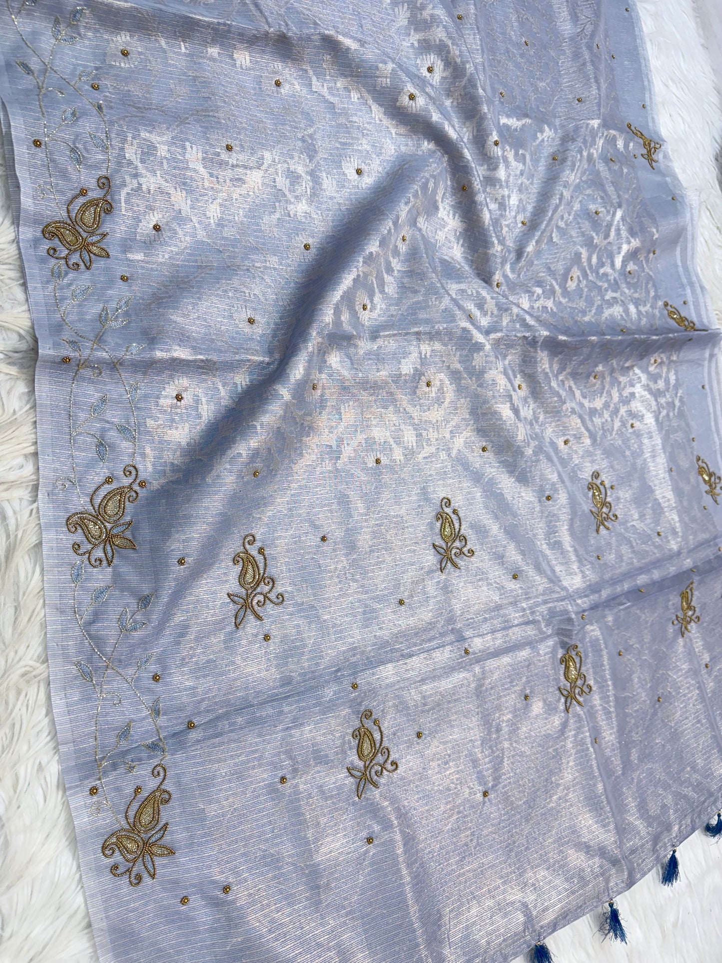 Blue shade tissue kota zardosi work premium Banarasi saree