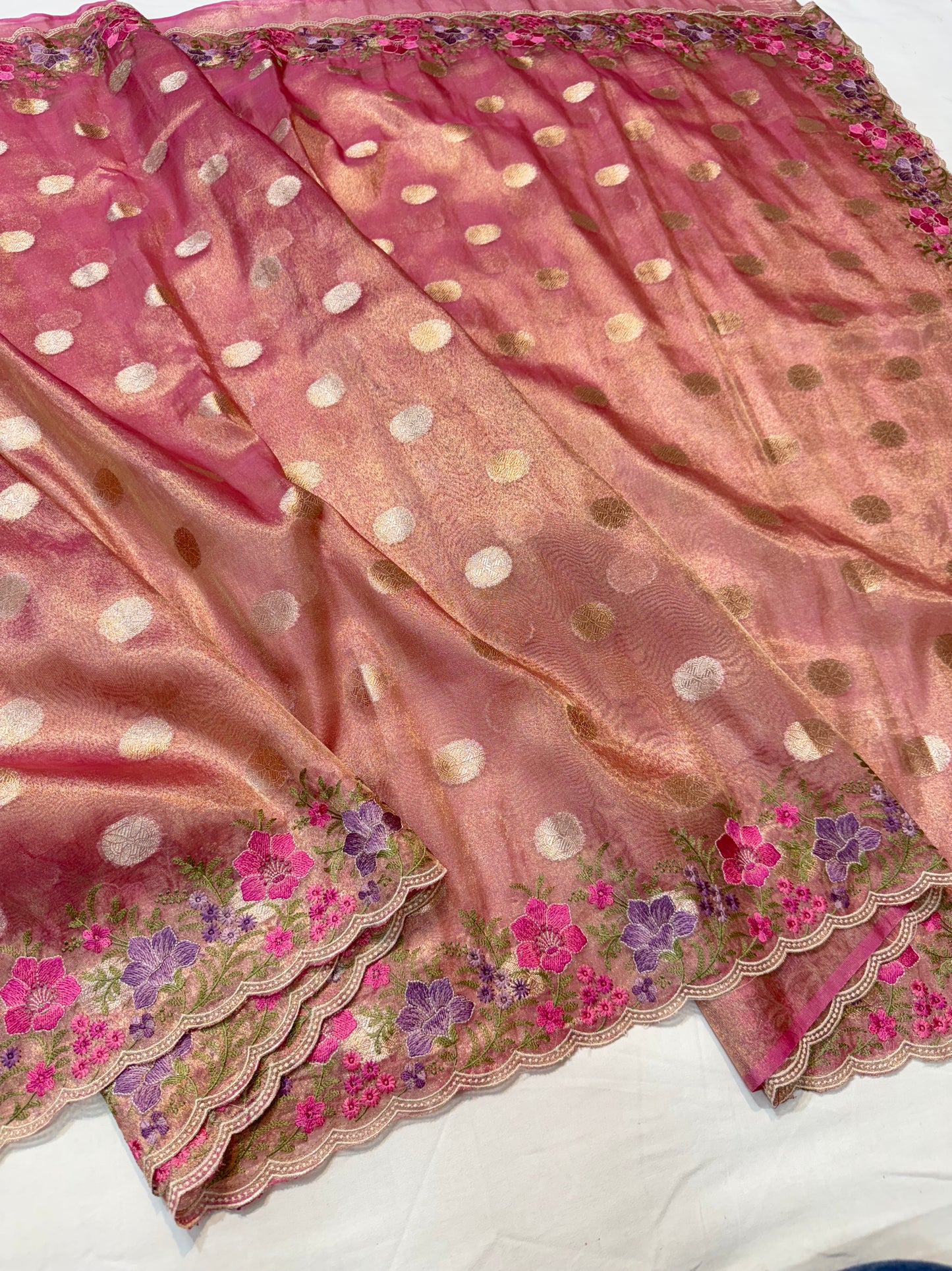 Pink tissue cutwork embroidery premium designer Banarasi saree