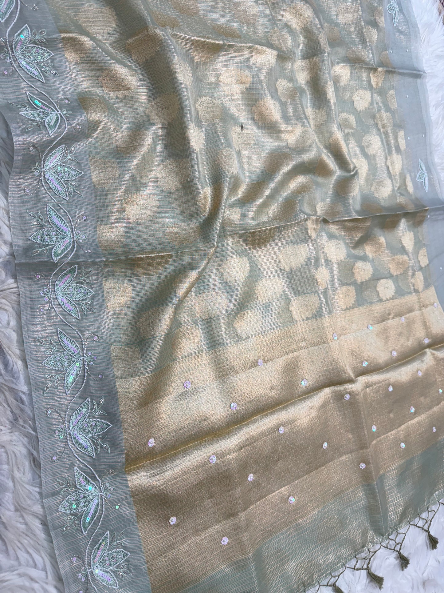 Sea green shade tissue kota zardosi work Banarasi saree