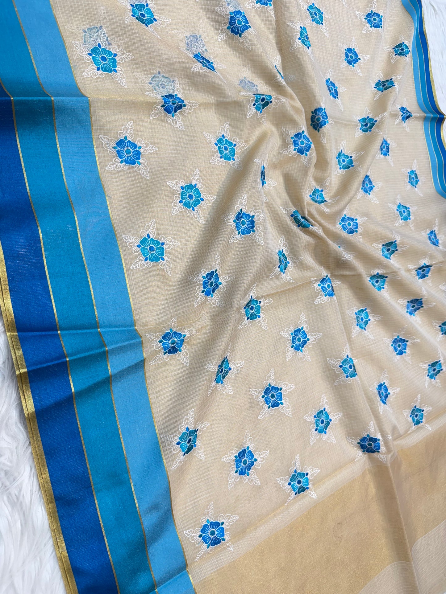 Off White German blue powder blueshade tissue kota embroidery Banarasi saree
