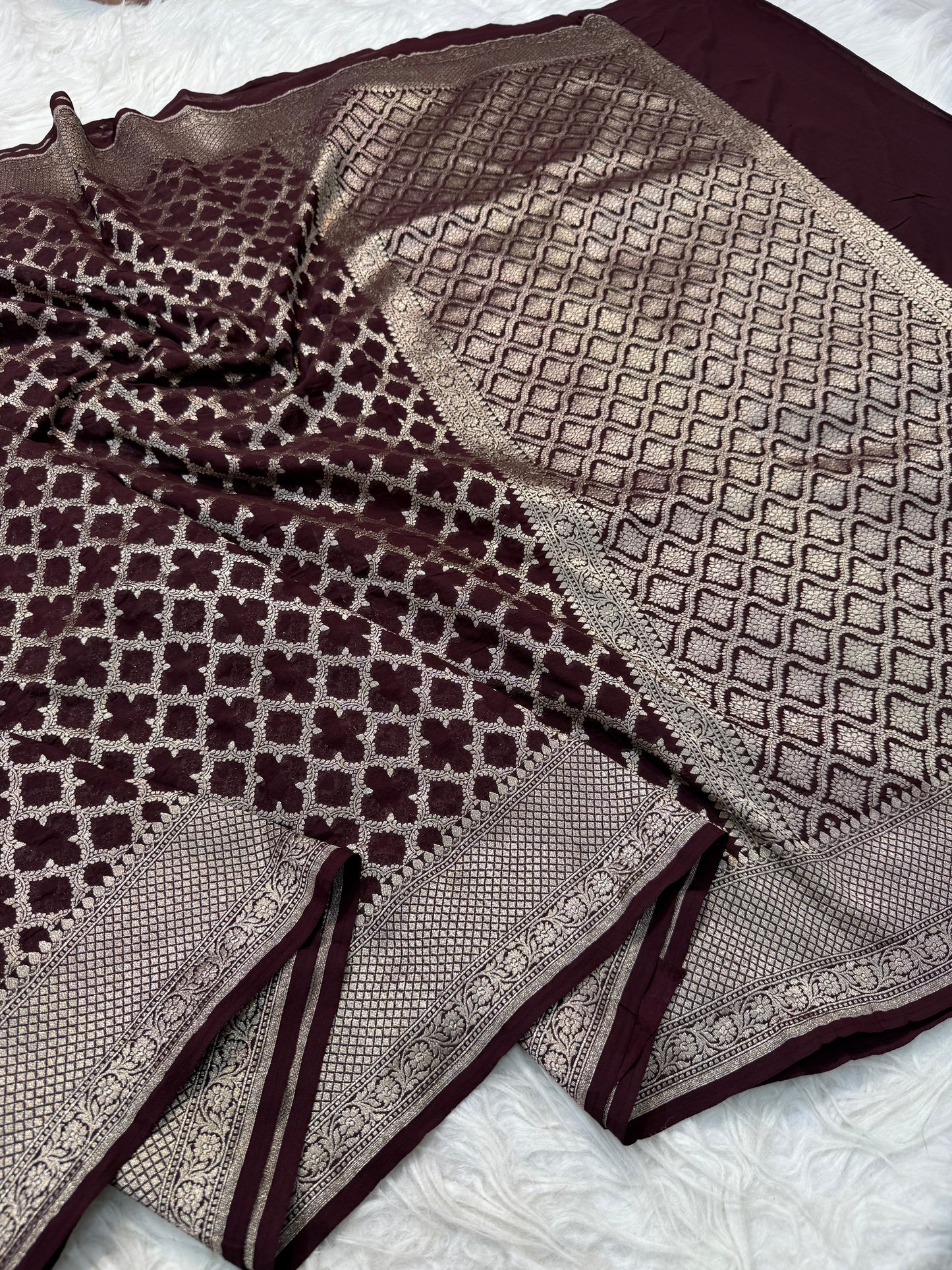 Wine shade khaddi georgatte premium Banarasi saree