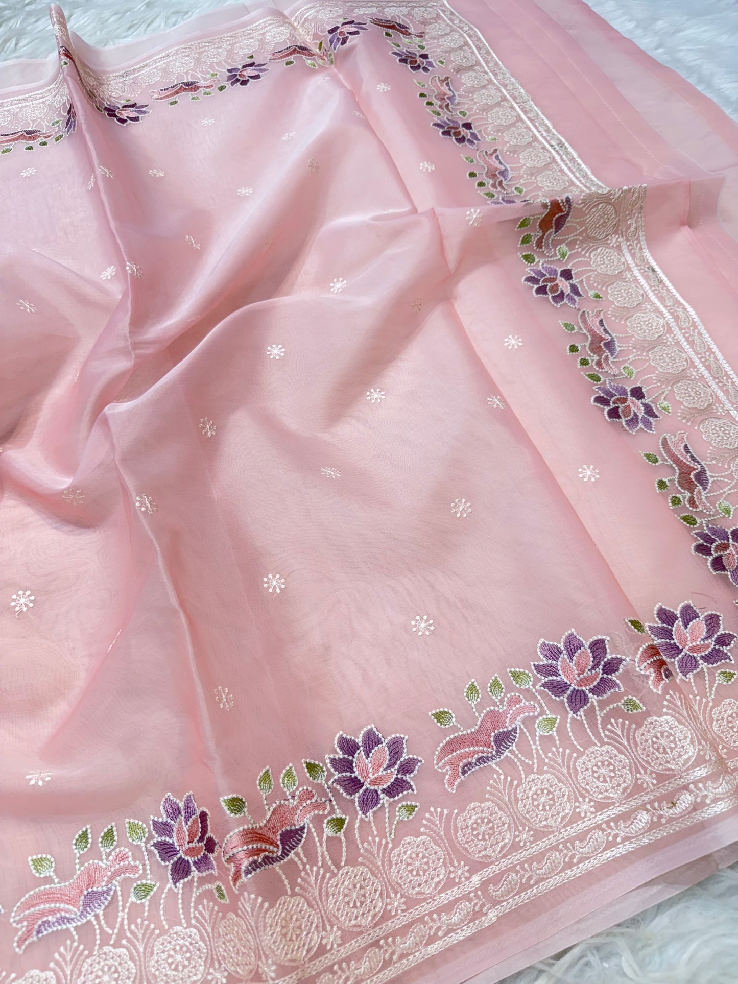 Pink shade kora organza digital print embroidery Banarasi saree