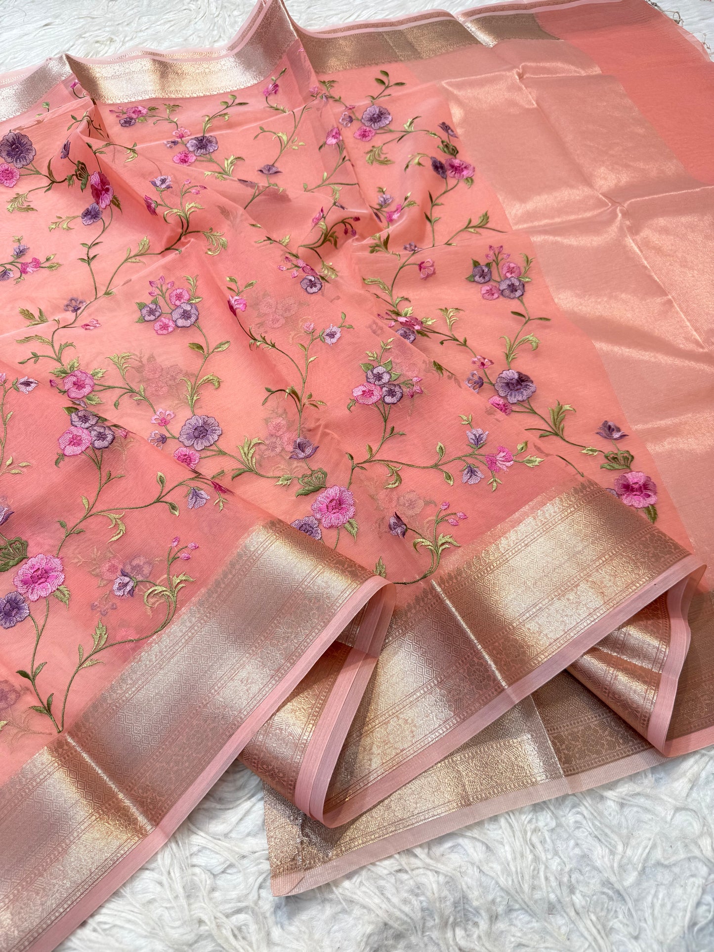 Peach shade organza embroidery Banarasi saree