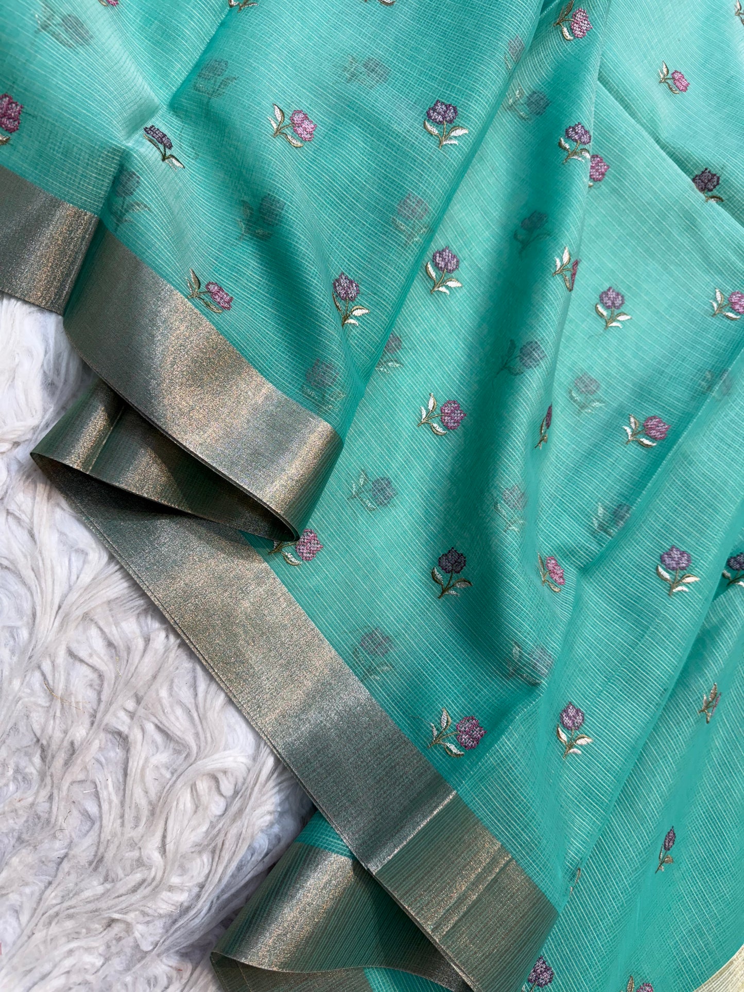 Sea green shade cotton kota embroidery Banarasi saree