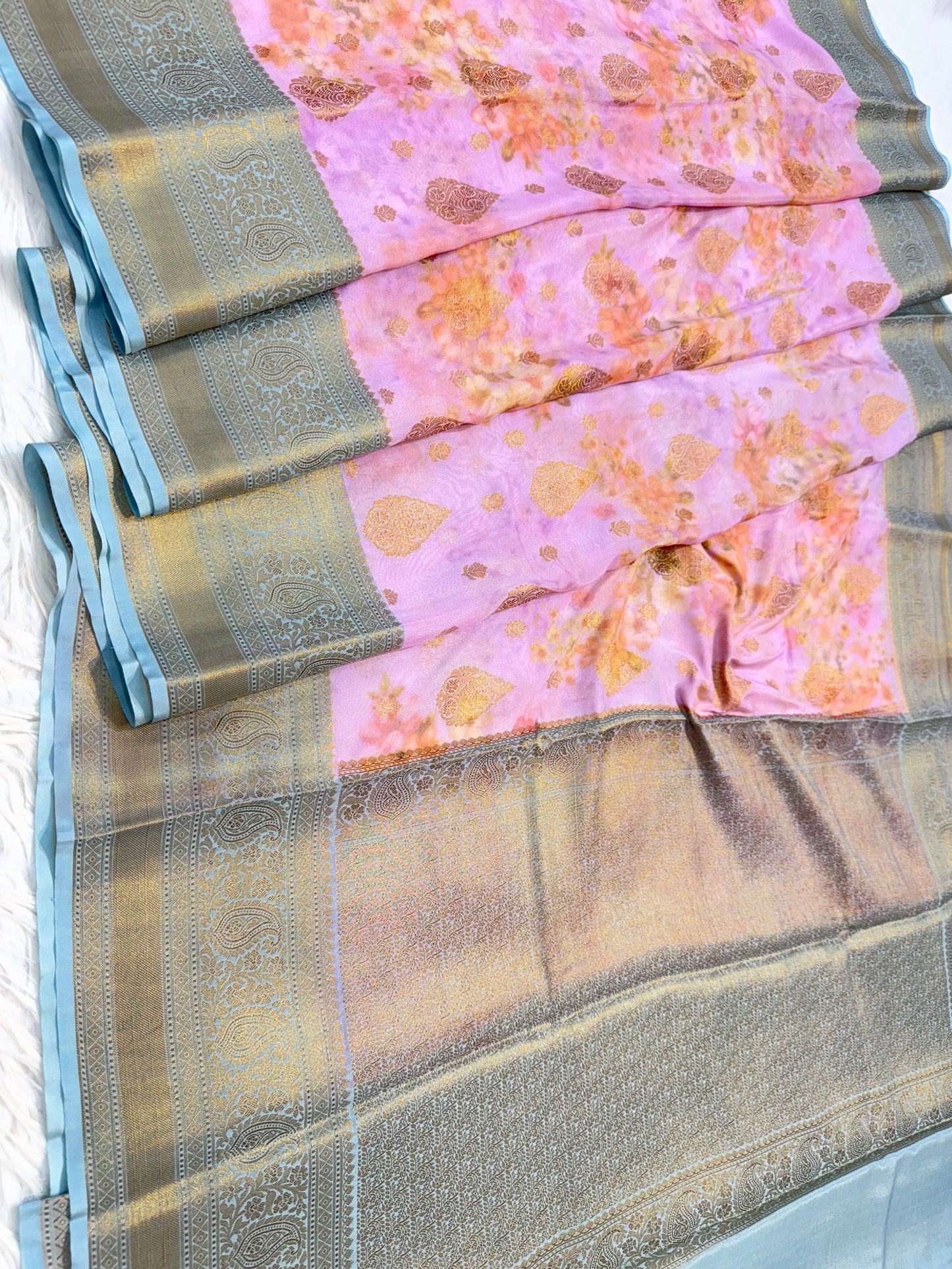 Pink sea green & multicolour shade georgatte digital print Banarasi saree