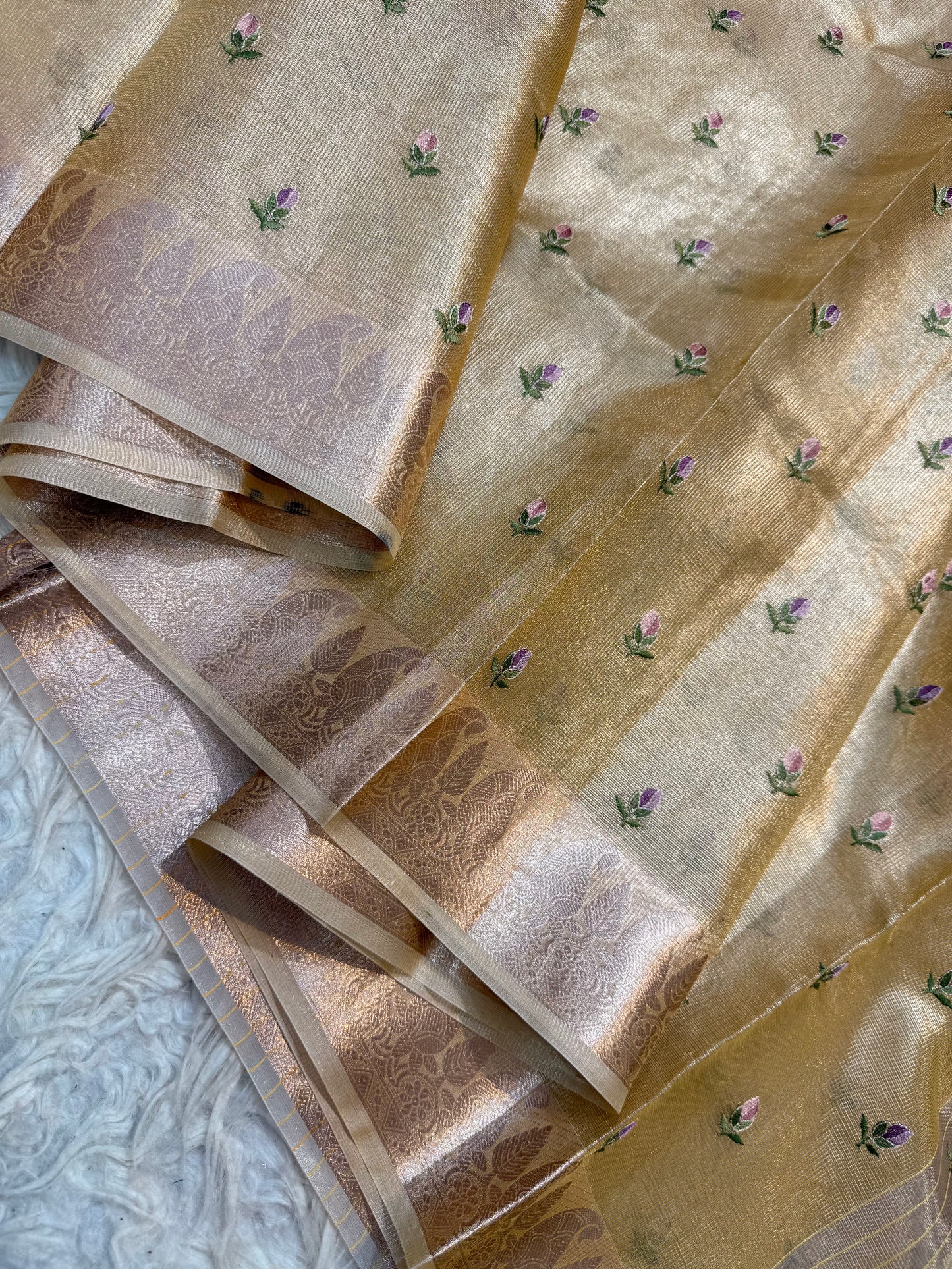 Gold shade tissue kota embroidery primum Banarasi saree