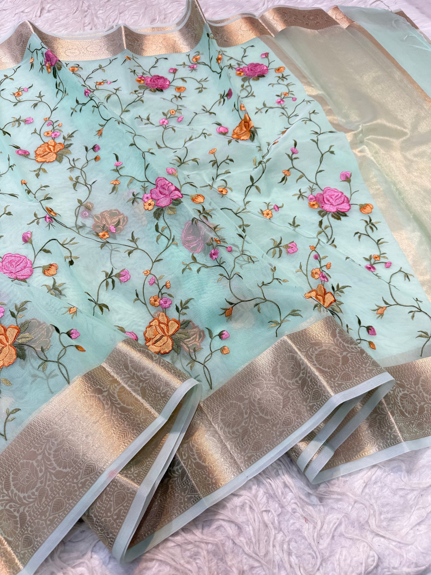 Turquoise shade organza embroidery Banarasi saree