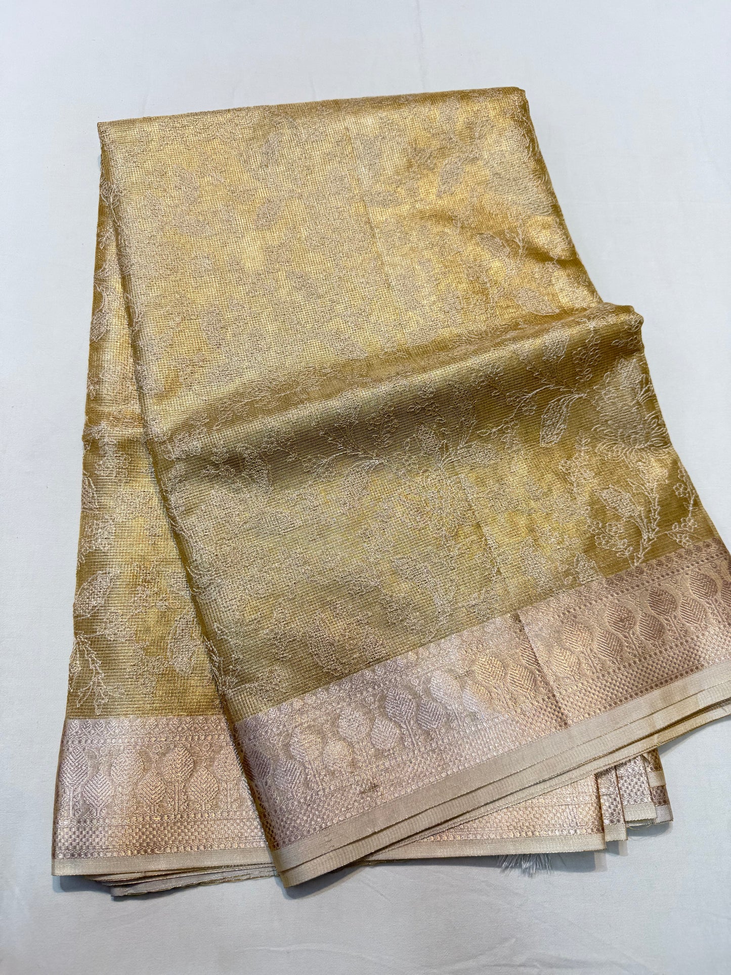 Gold shade tissue kota embroidery primum Banarasi saree