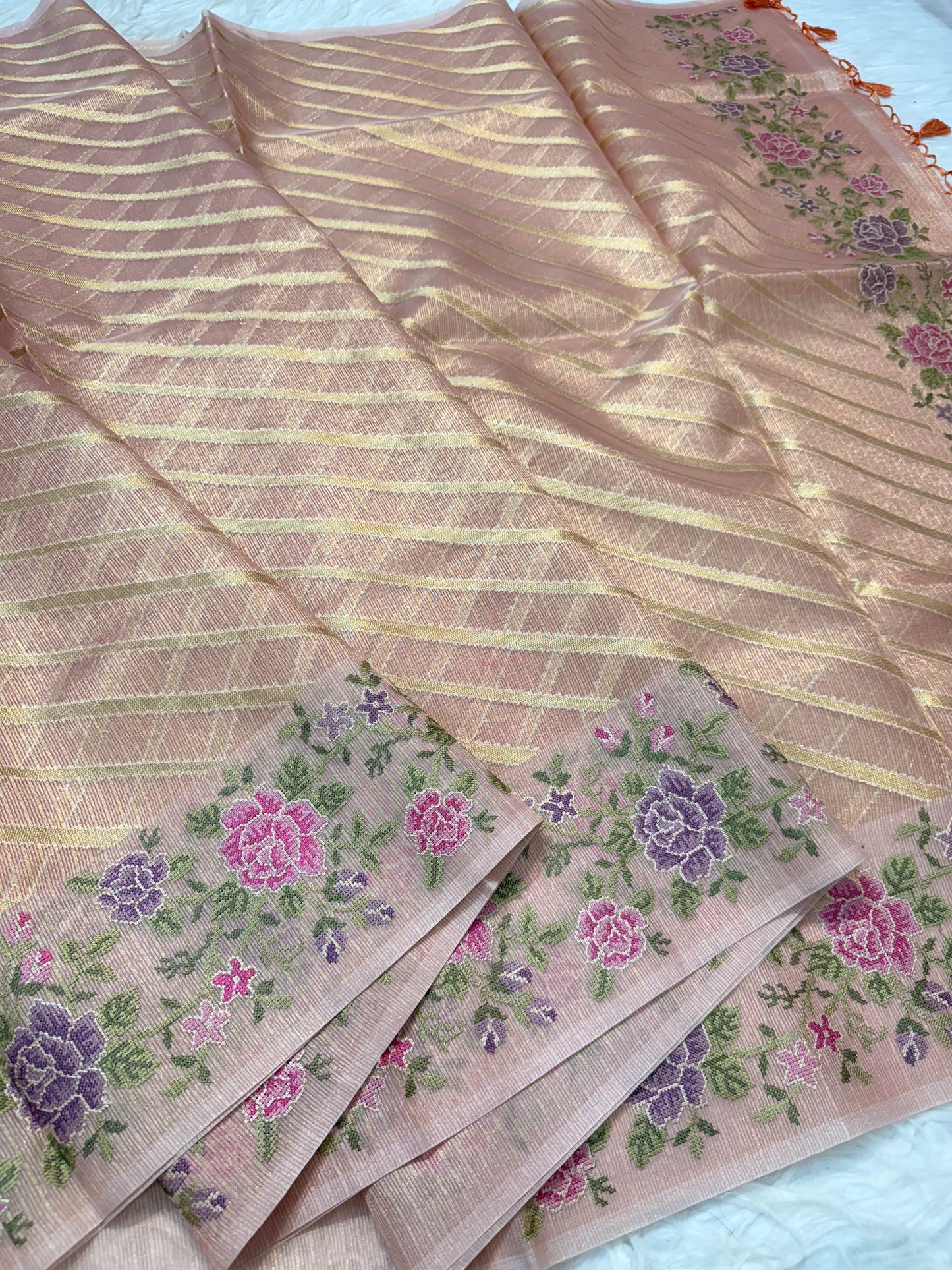 Peach shade tissue kota embroidery primum Banarasi saree