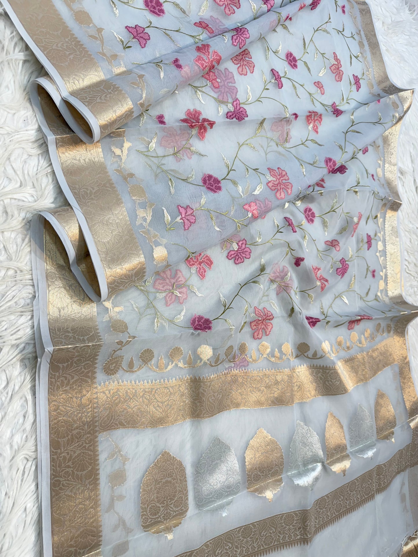 Grey shade kora organza embroidery Banarasi saree