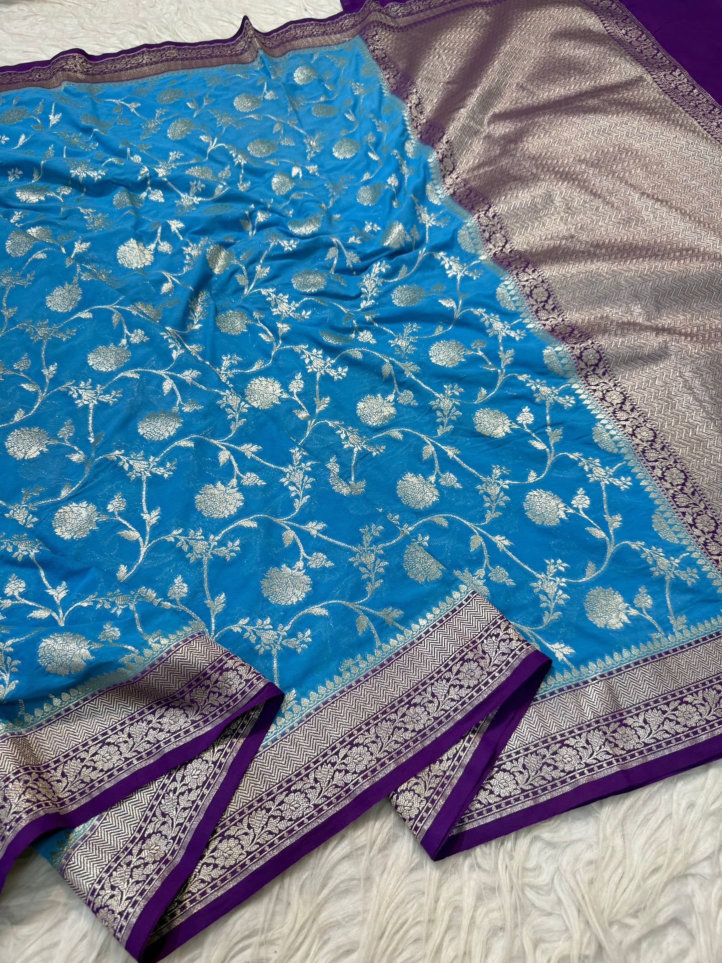 Powder blue magenta shade khaddi georgatte premium Banarasi saree