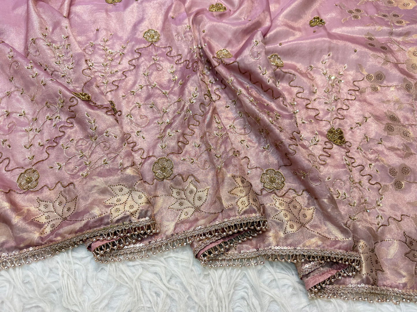 Pink shade tissue ari & zardosi work designer premium Banarasi saree