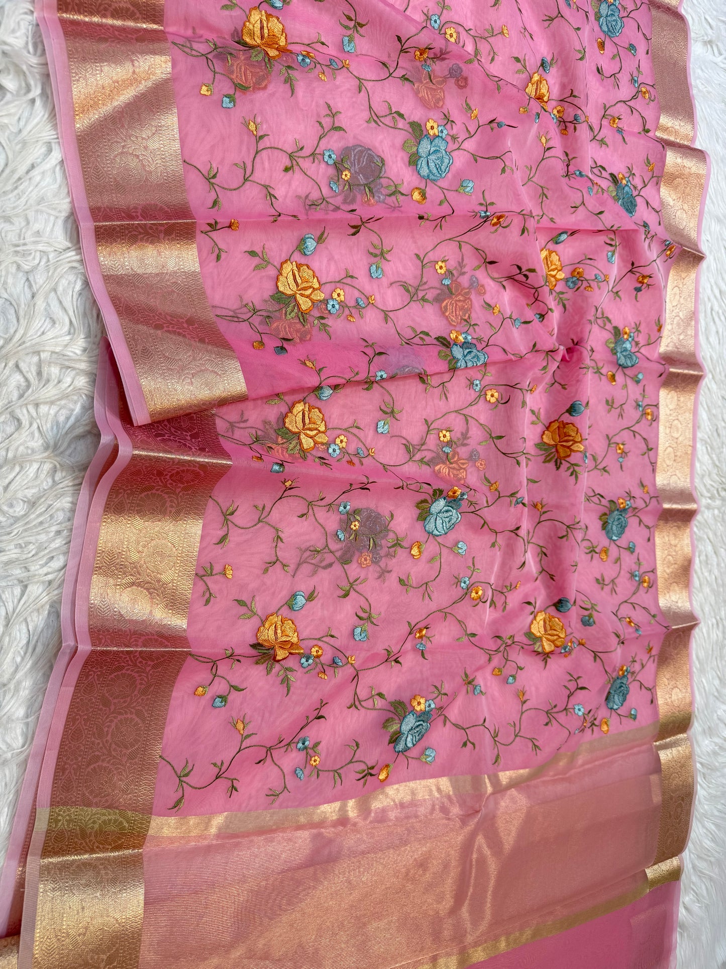 Pink shade organza embroidery Banarasi saree