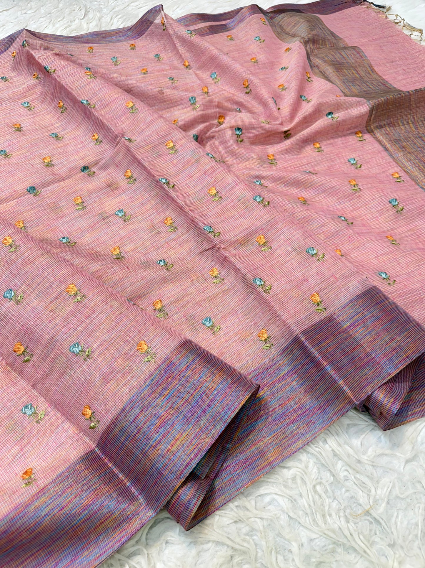 Peach shade linen embroidery Banarasi saree
