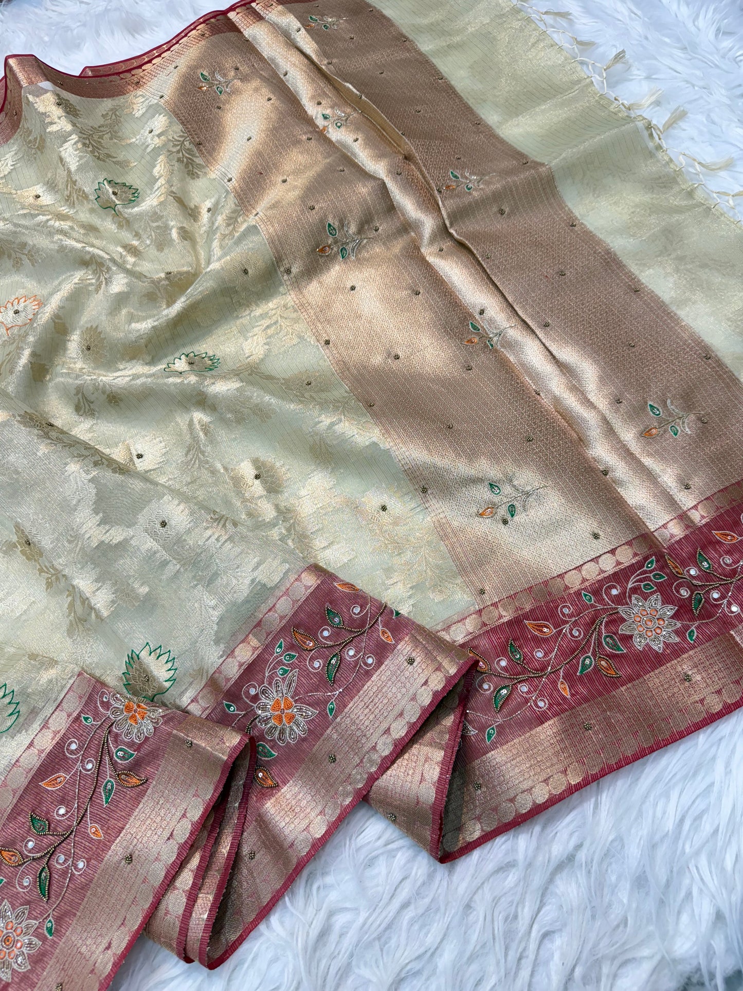 Beige red shade tissue kota zardosi work premium Banarasi saree