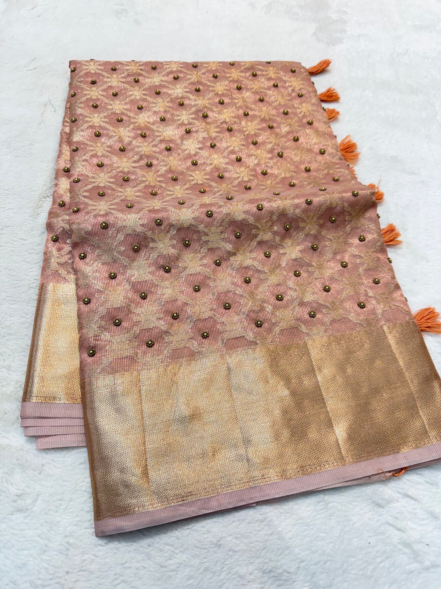 Peach tissue kota designer handwork premium Banarasi saree