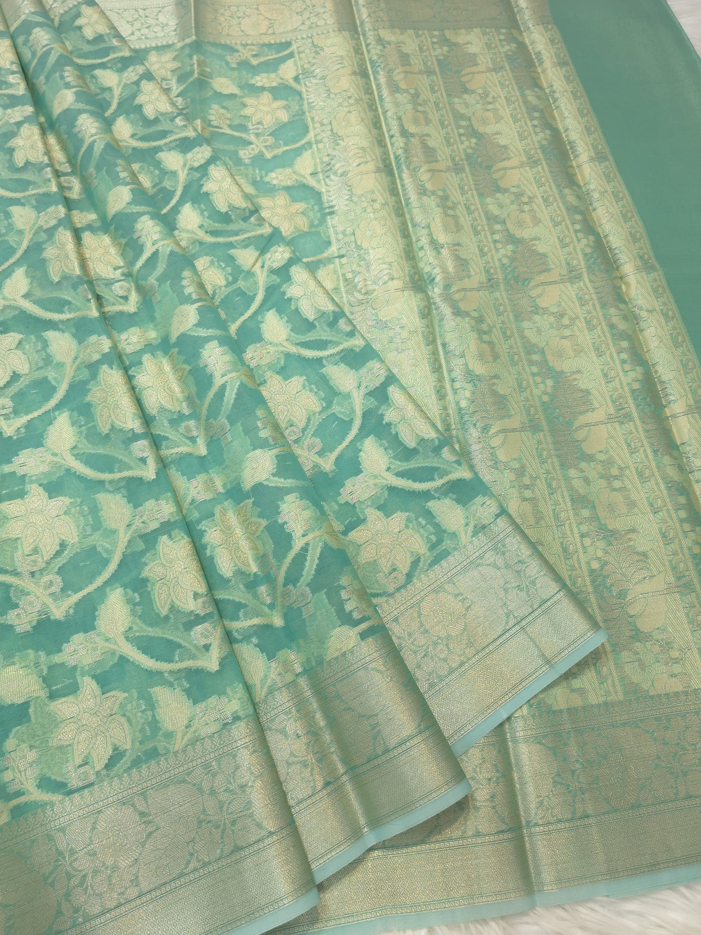 Sea green shade kora organza Banarasi saree