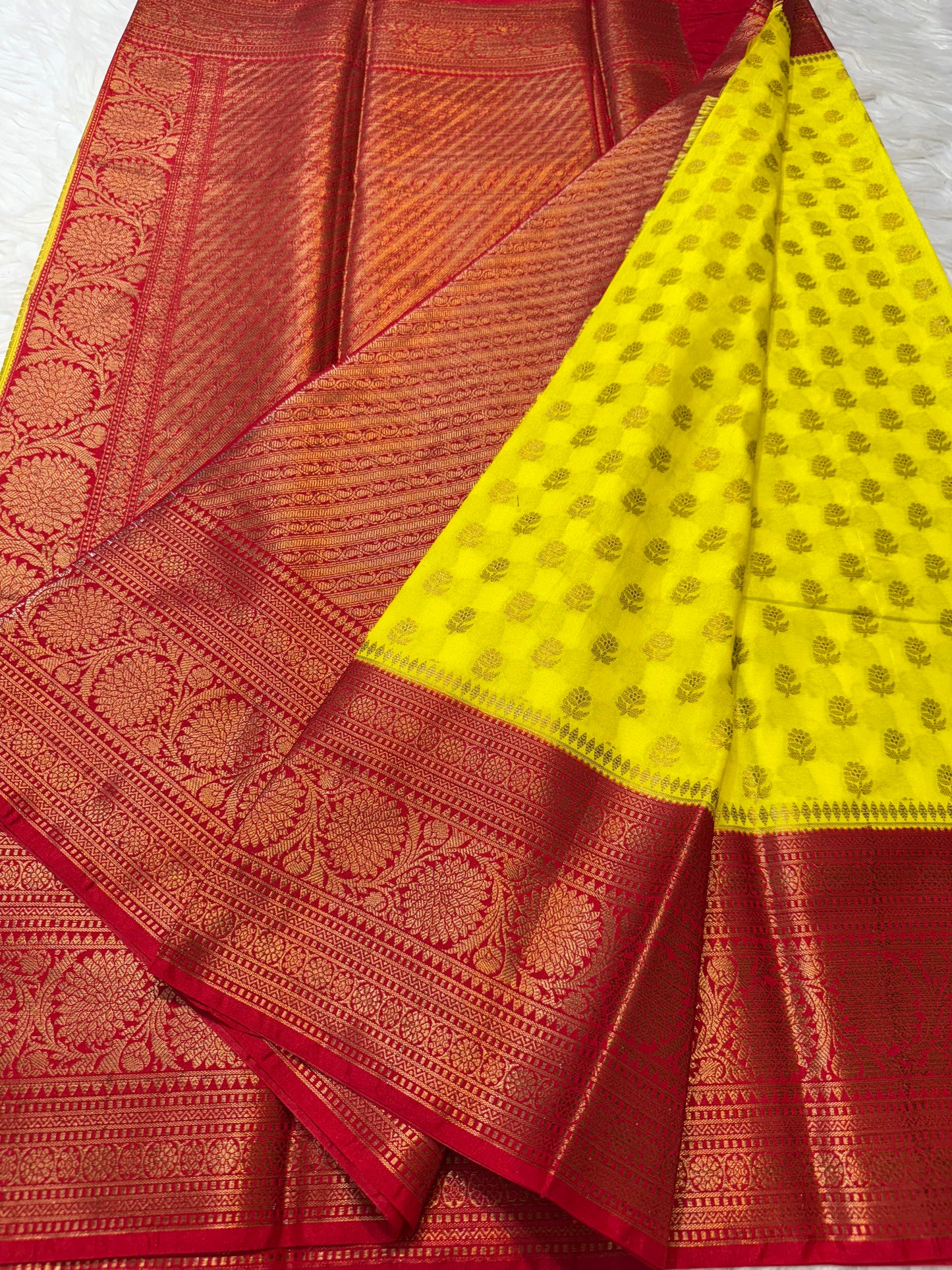 Yellow red shade Dupion Silk Banarasi Saree