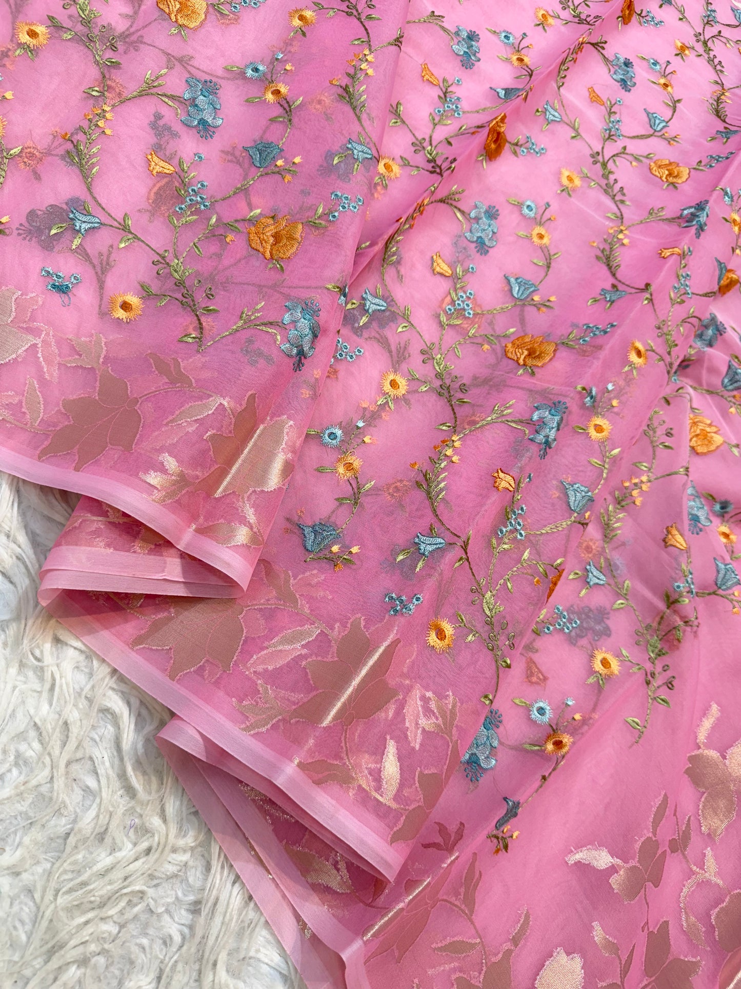 Pink shade kora organza embroidery Banarasi saree