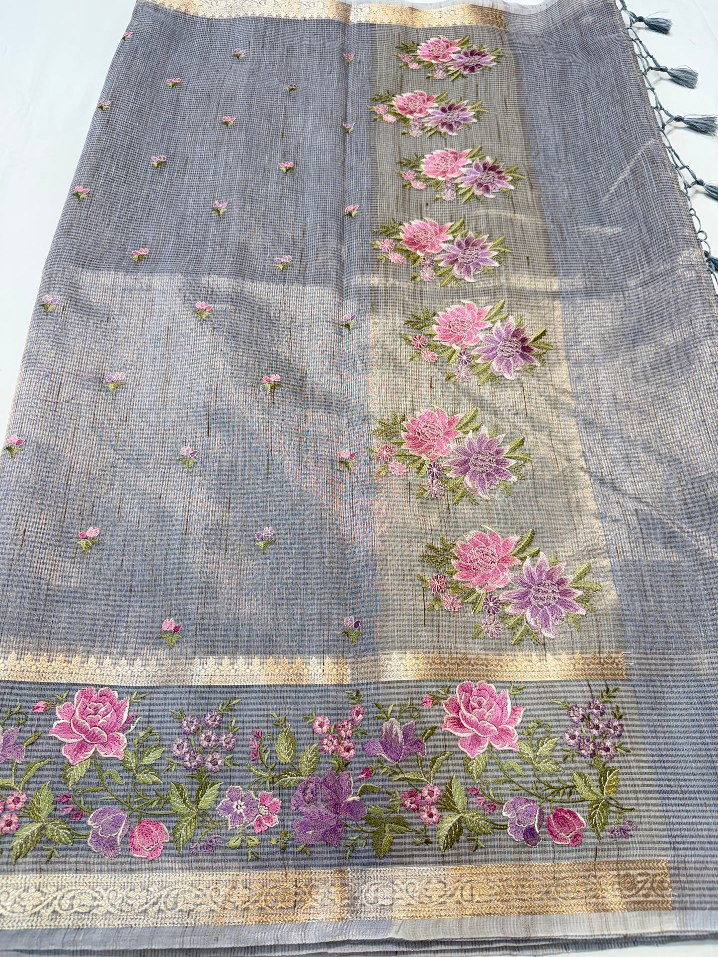 Silver shade tissue linen designer embroidery Banarasi saree