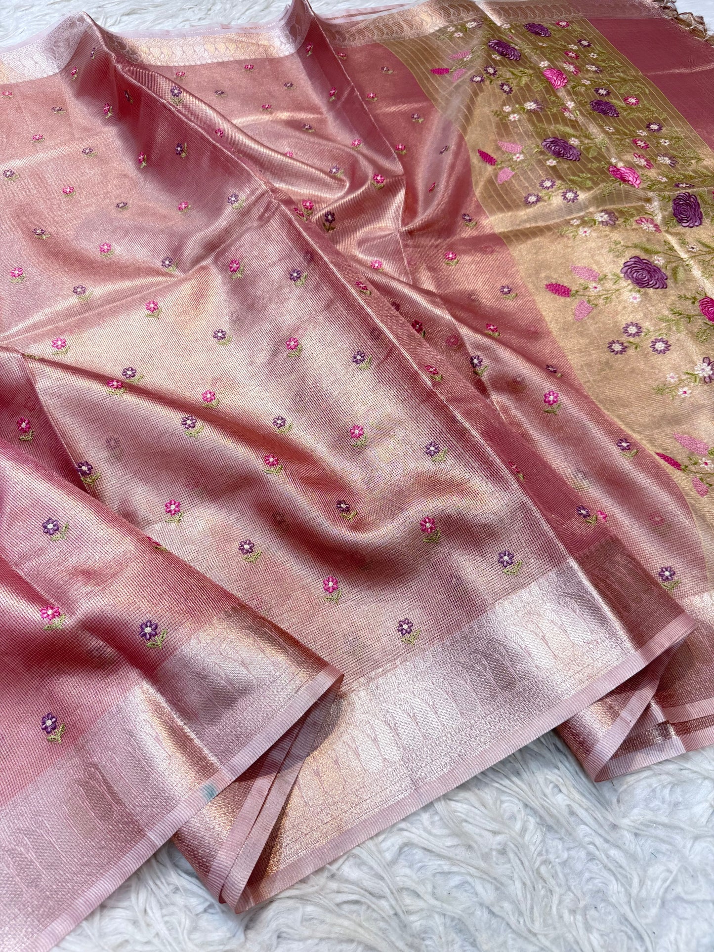 Peach shade tissue kota embroidery primum Banarasi saree