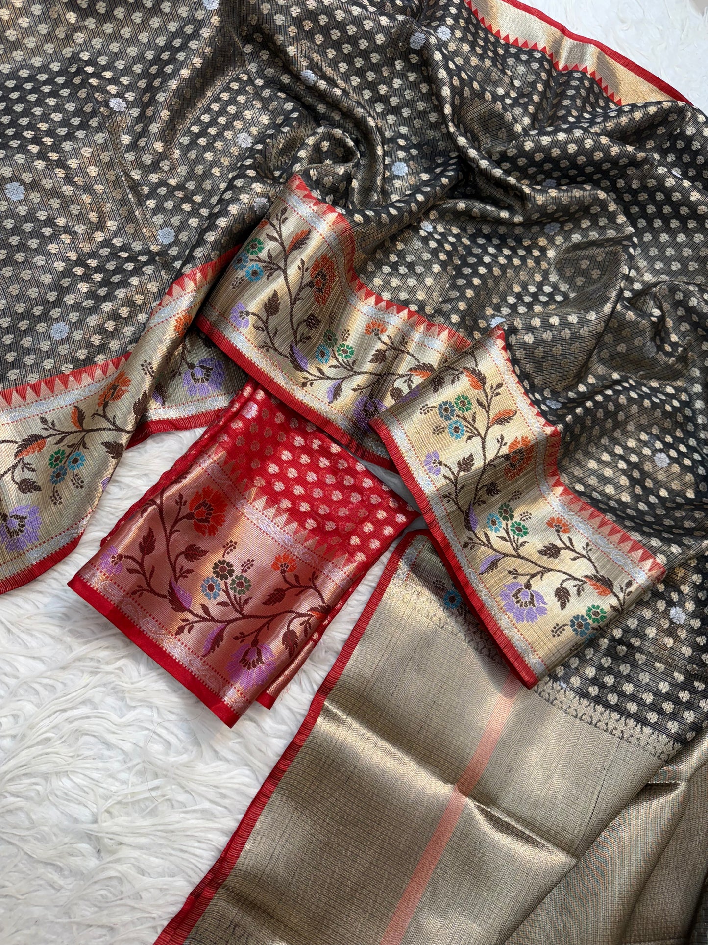 Black & red shade tissue kota premium paithani border banarasi saree