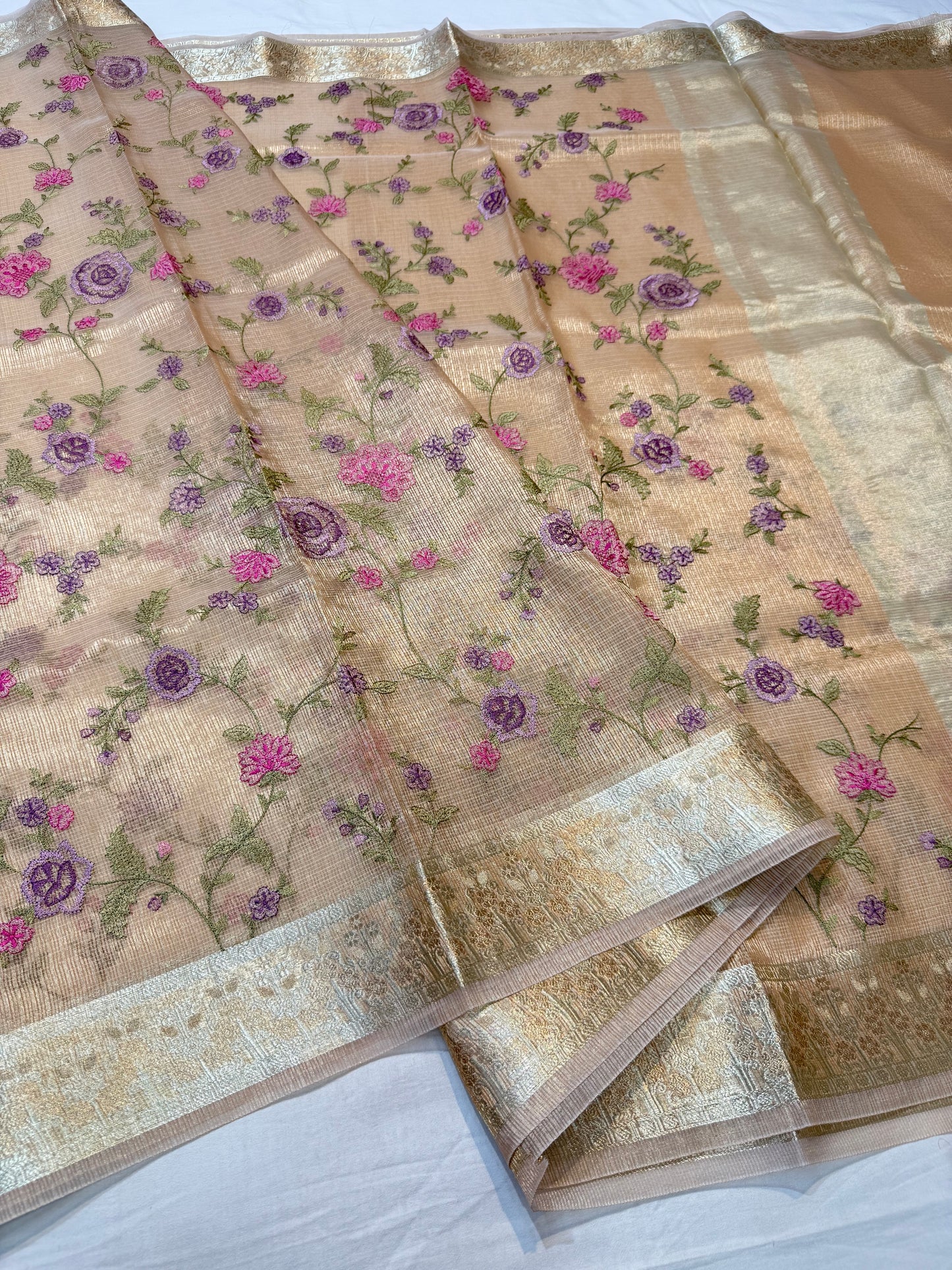 Beige shade tissue kota embroidery primum Banarasi saree