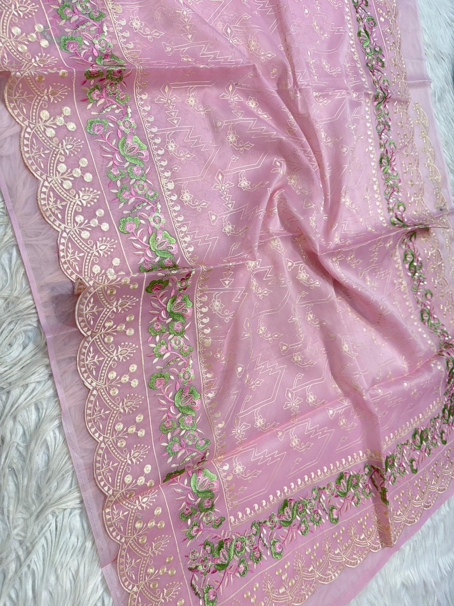 Pink shade kora organza embroidery Banarasi saree