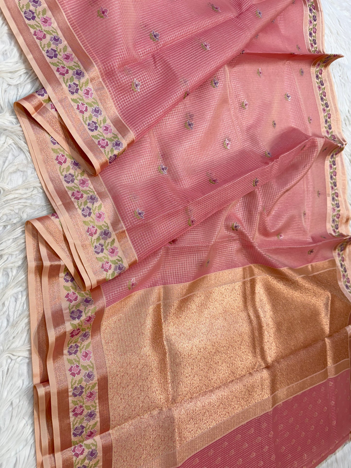 Rose gold shade kora organza embroidery Banarasi saree