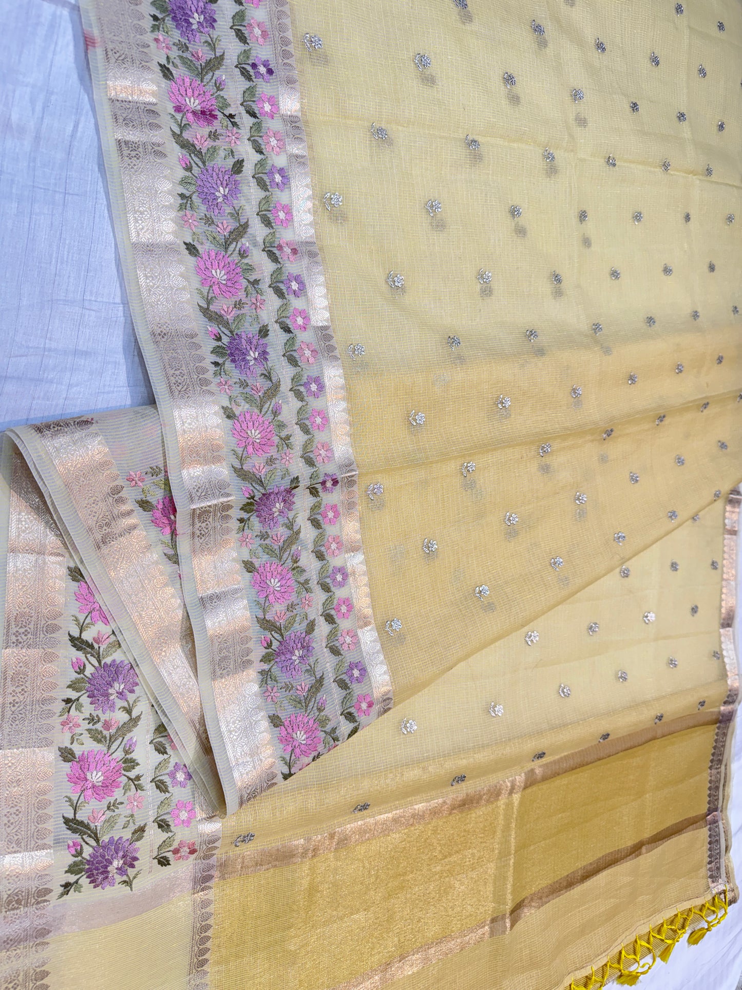 Yellow shade cotton kota designe embroidery premium Banarasi saree