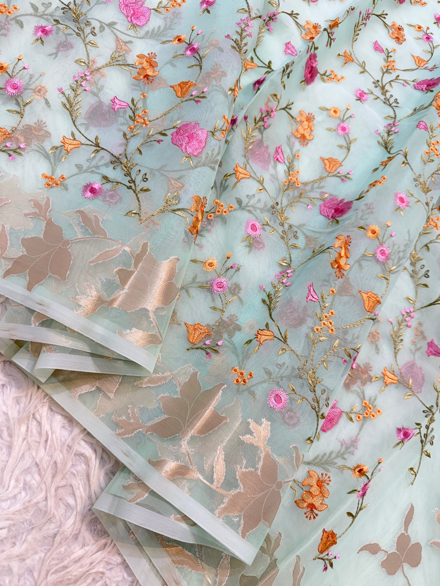 Turquoise shade kora organza embroidery banarasi saree