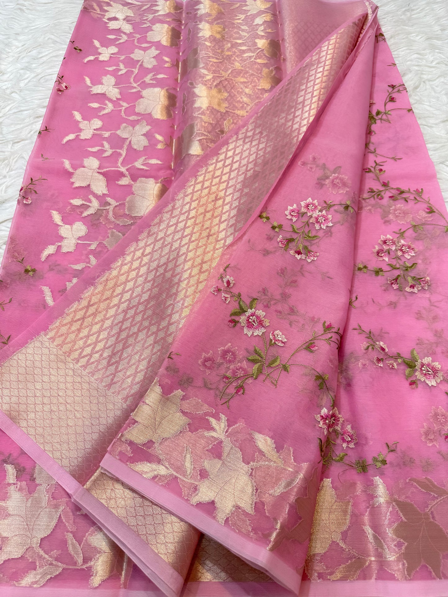 Pink shade kora organza embroidery Banarasi saree