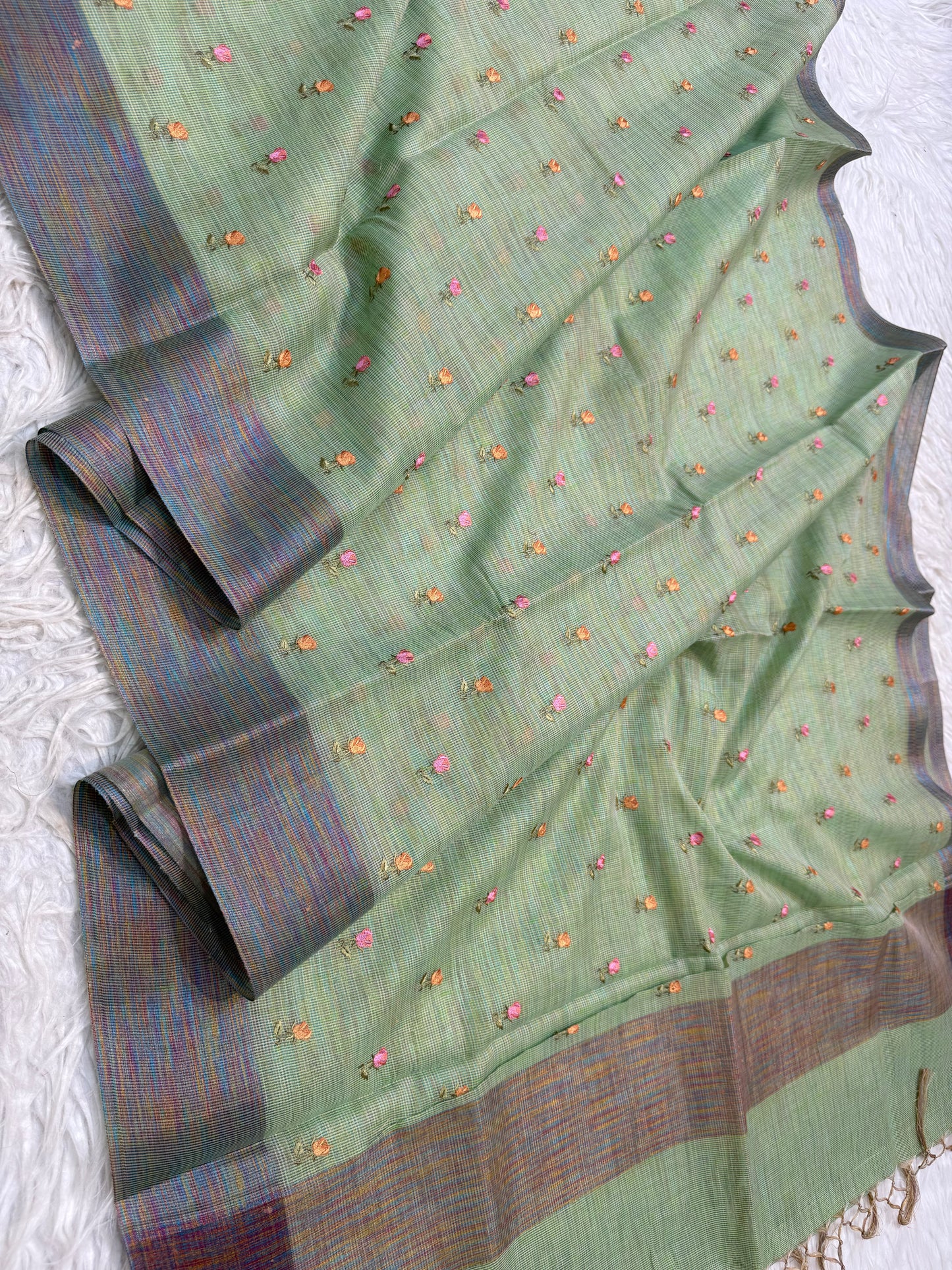 Pista green shade linen embroidery Banarasi saree