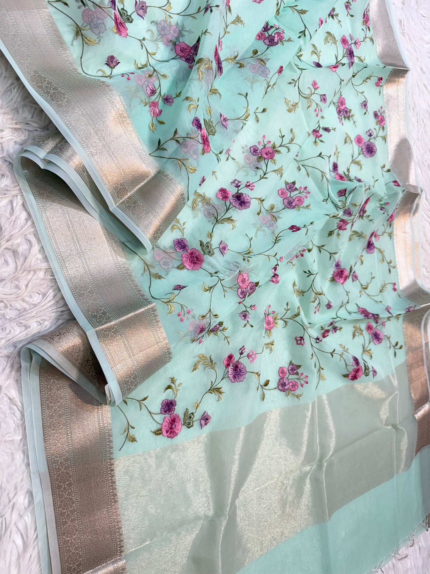 Turquoise shade organza embroidery Banarasi saree