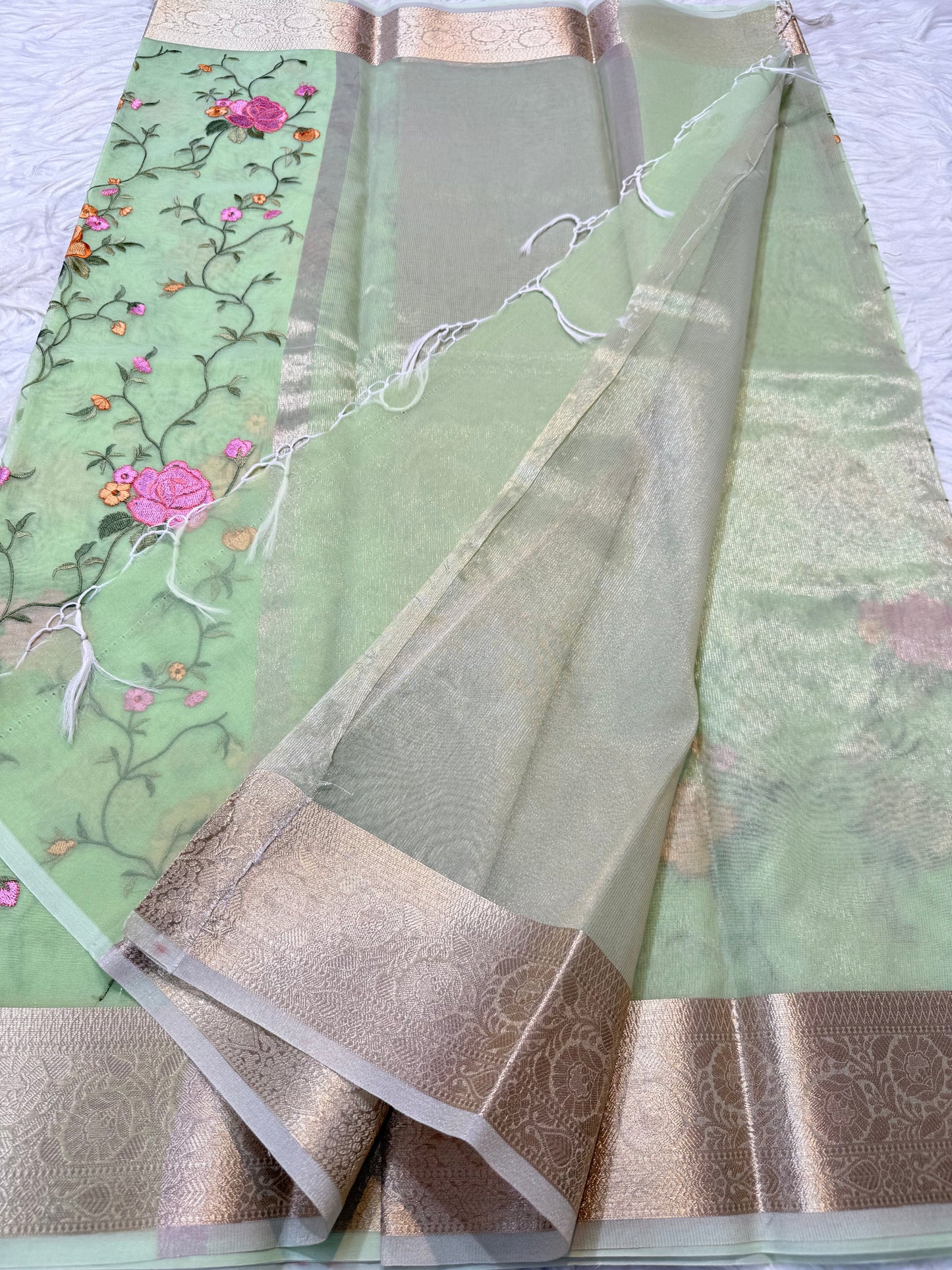 Pista green shade organza embroidery Banarasi saree