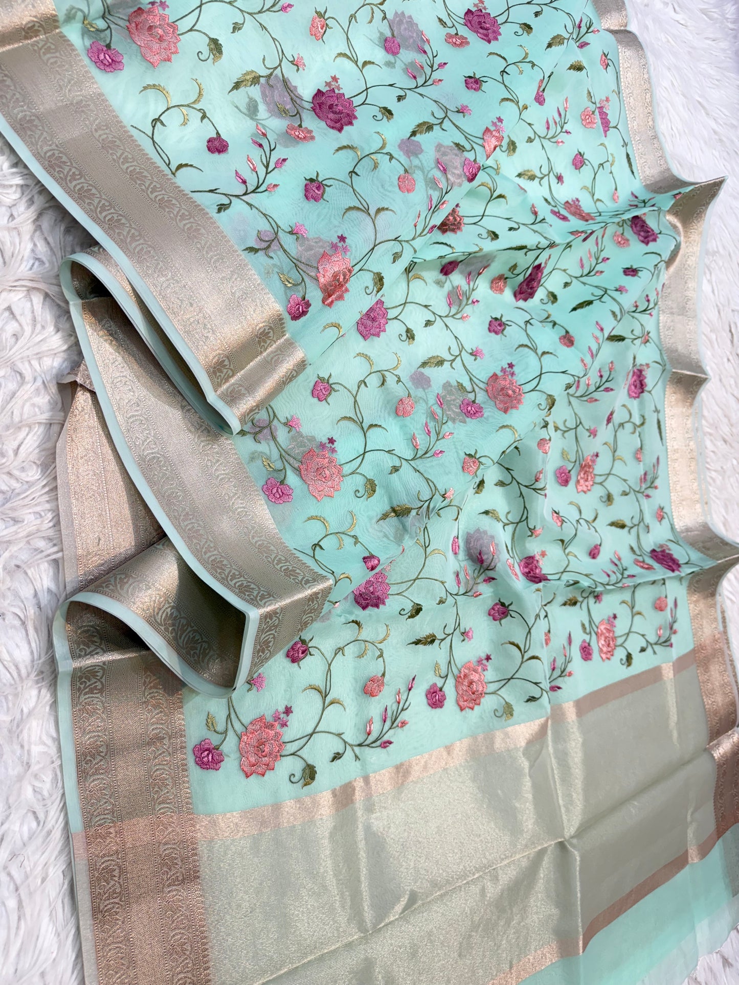 Turquoise shade organza embroidery Banarasi saree
