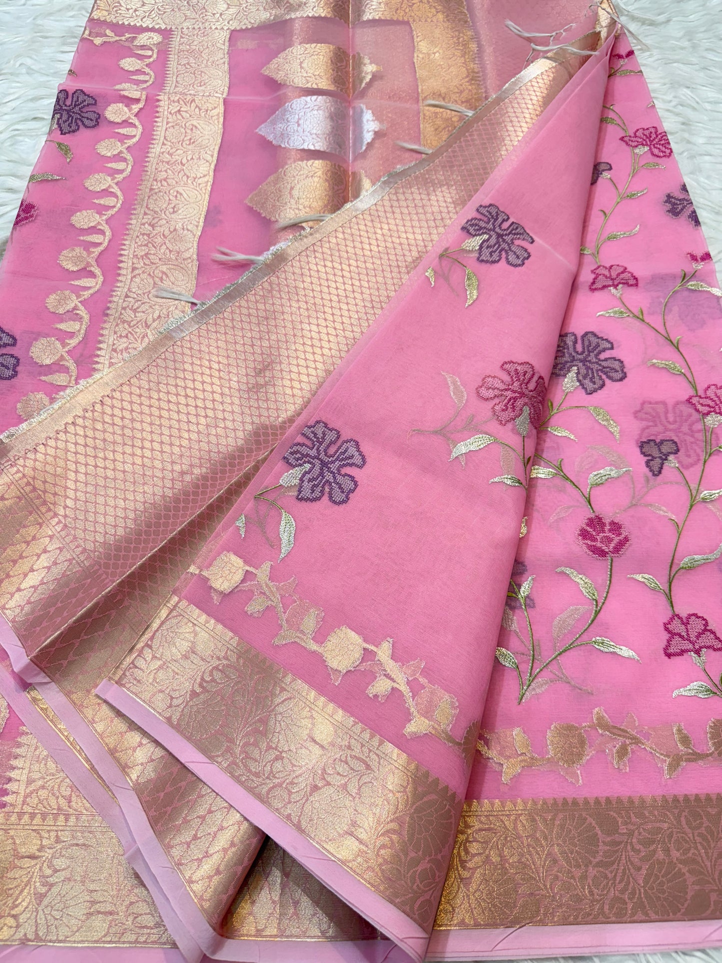 Pink shade kora organza embroidery Banarasi saree