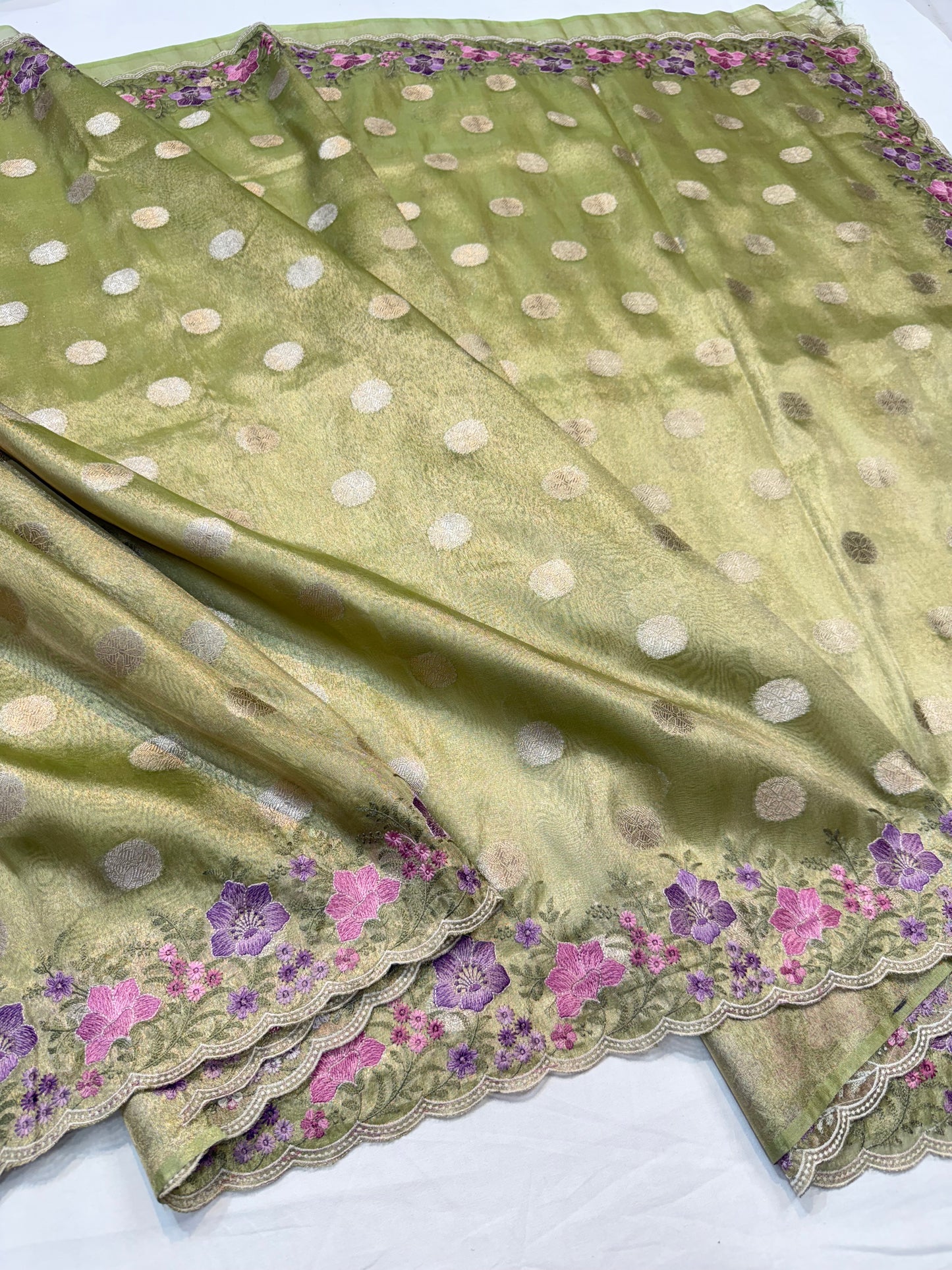 Pista green tissue cutwork embroidery premium designer Banarasi saree