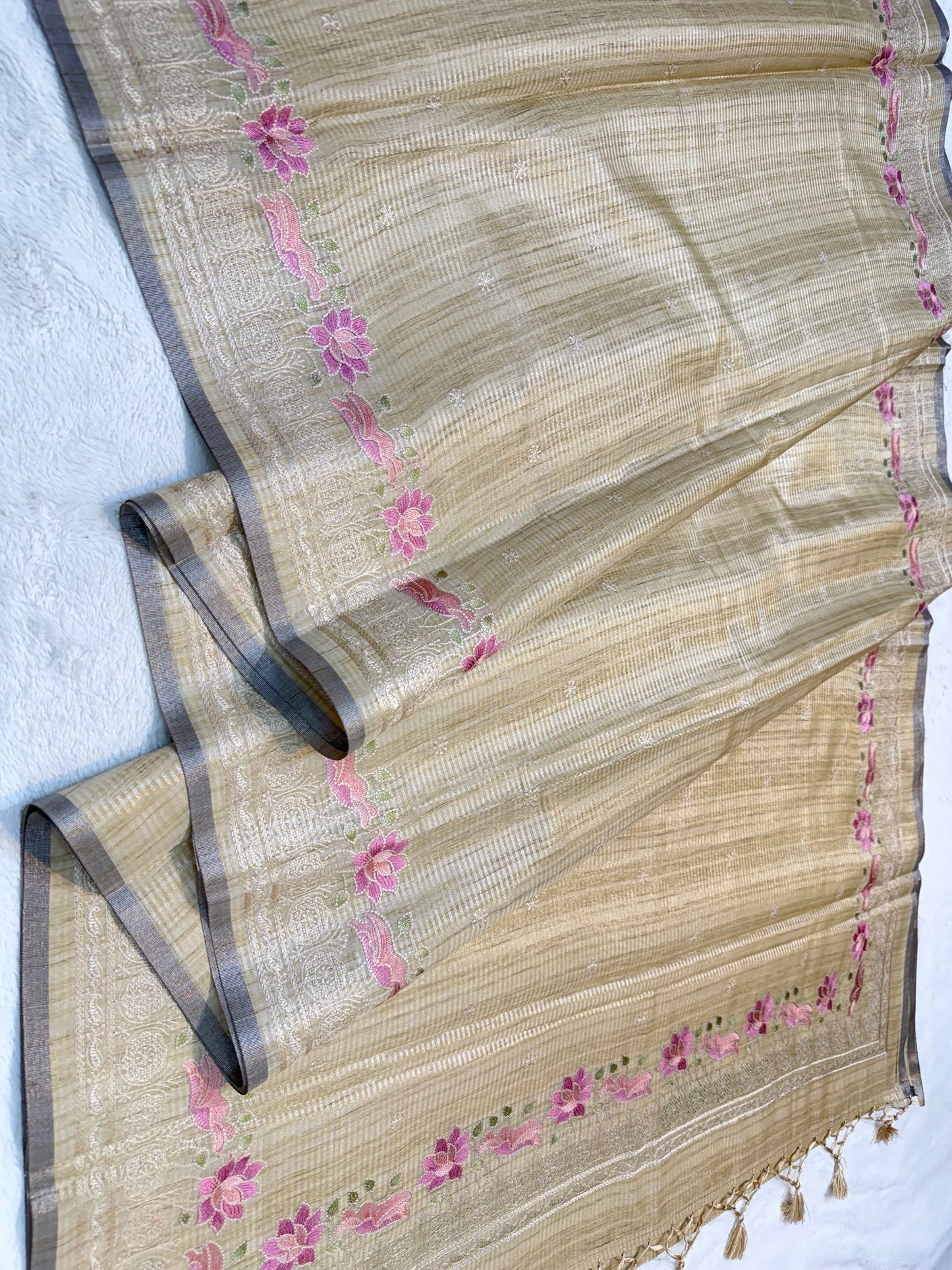 Beige shade Tusser silk designer embroidery premium Banarasi saree