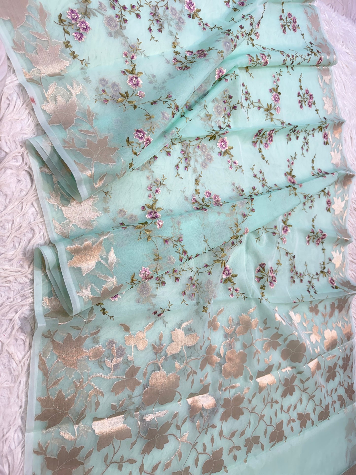 Turquoise shade kora organza embroidery Banarasi saree