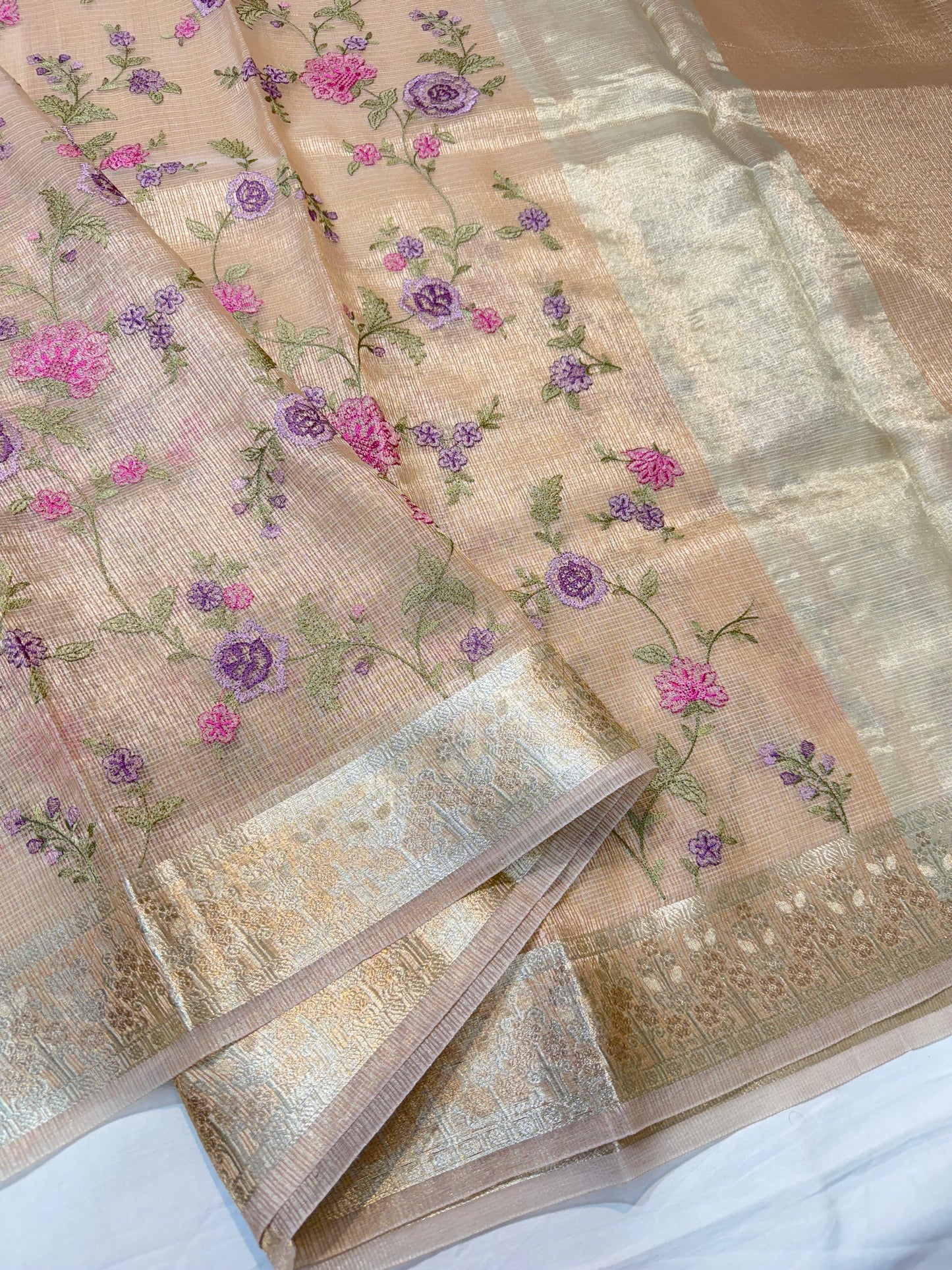 Beige shade tissue kota embroidery primum Banarasi saree