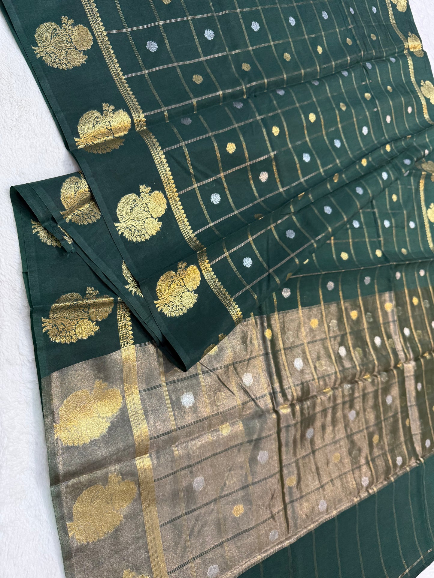 Bottle green shade raw mango premium Banarasi saree