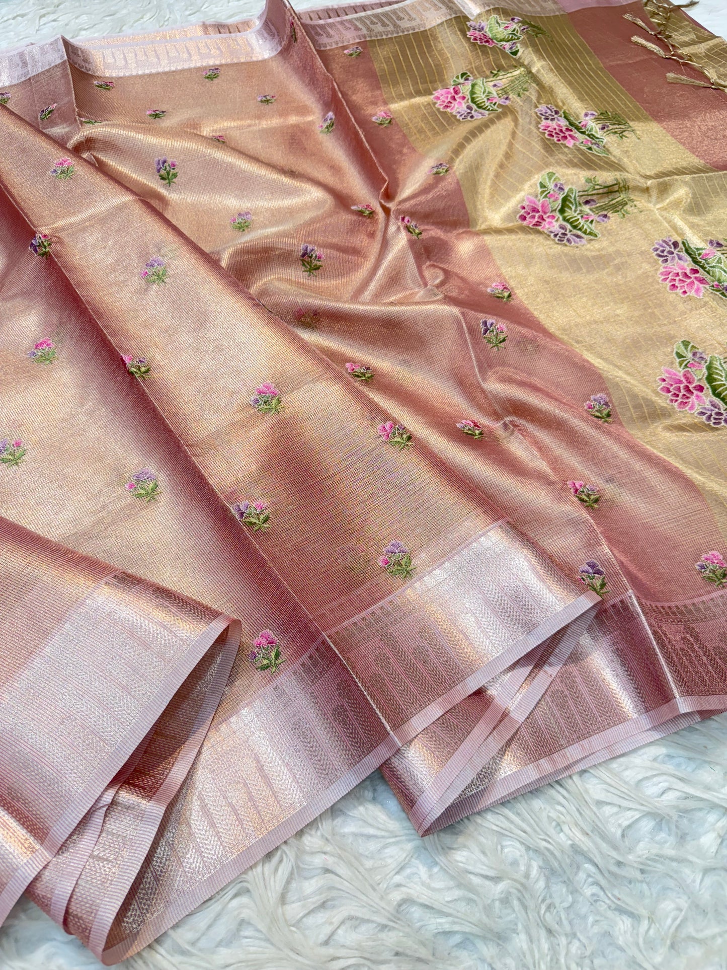 Peach shade tissue kota embroidery primum Banarasi saree
